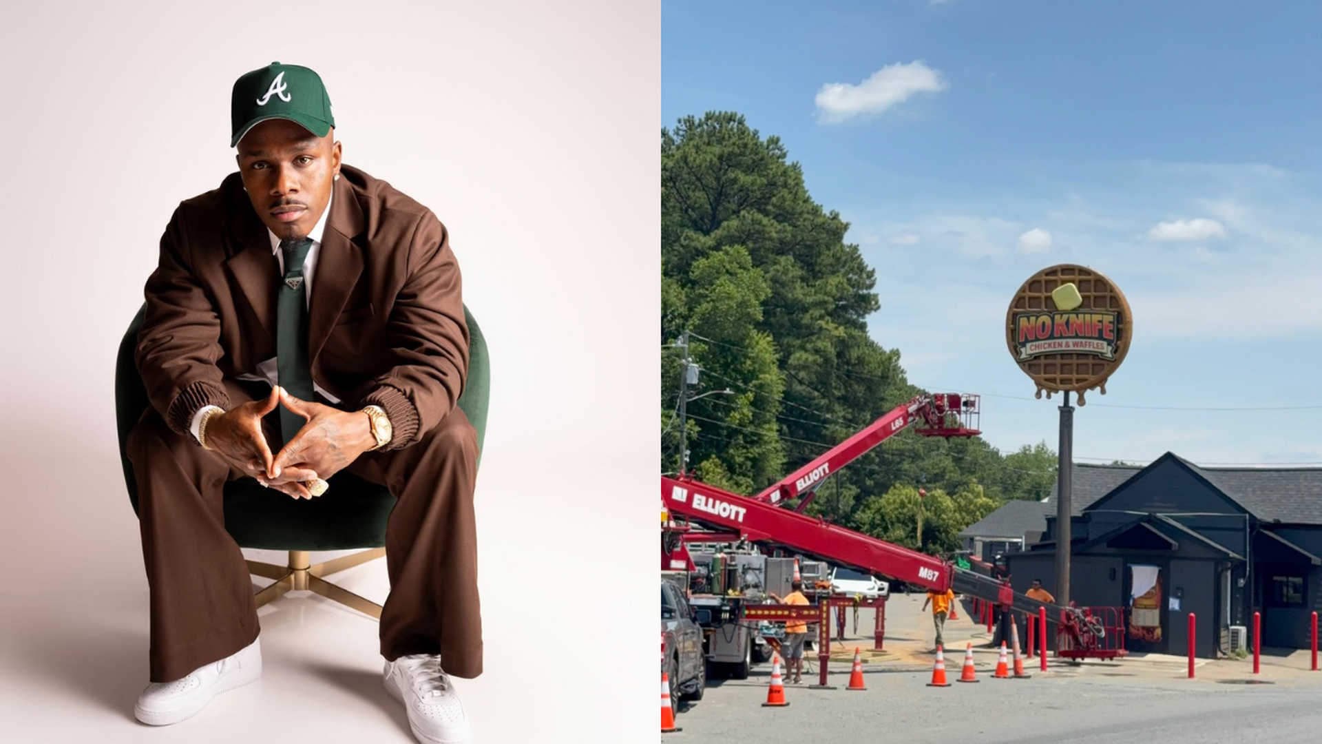 Portrait of a man in a brown suit and green cap, seated in a green chair with hands clasped, white sneakers. Right side shows a street with a red crane and a circular "NO KNIFE" chicken & waffles sign.