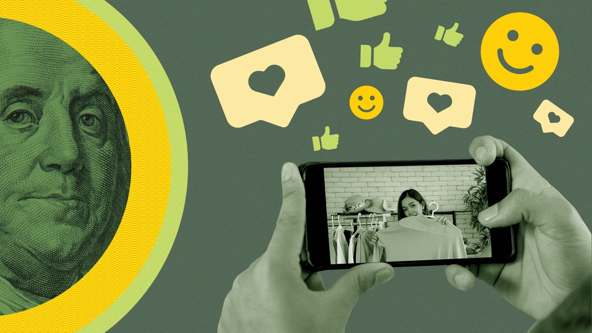 Illustration of a person engaging in live commerce on a cell phone with social like icons.