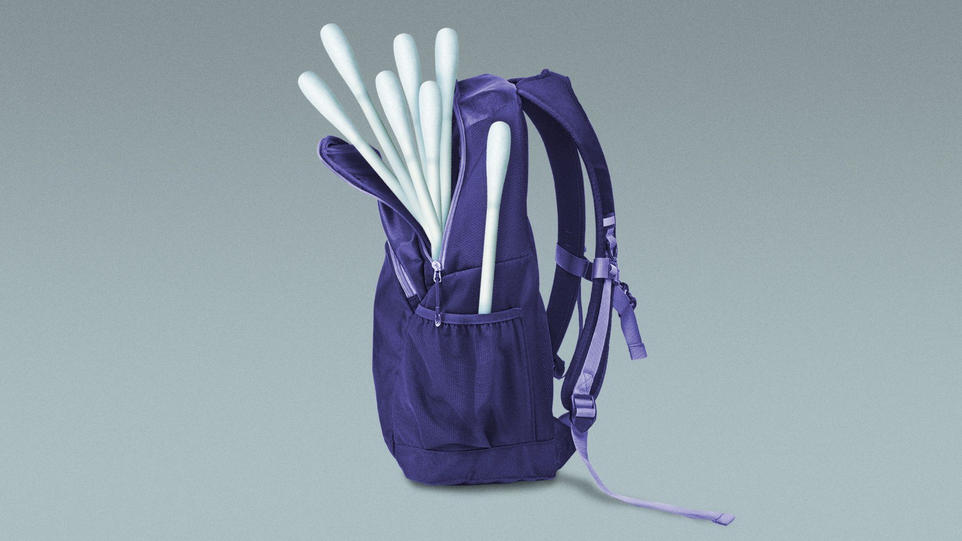 Illustration of a backpack filled with COVID-19 test swabs.