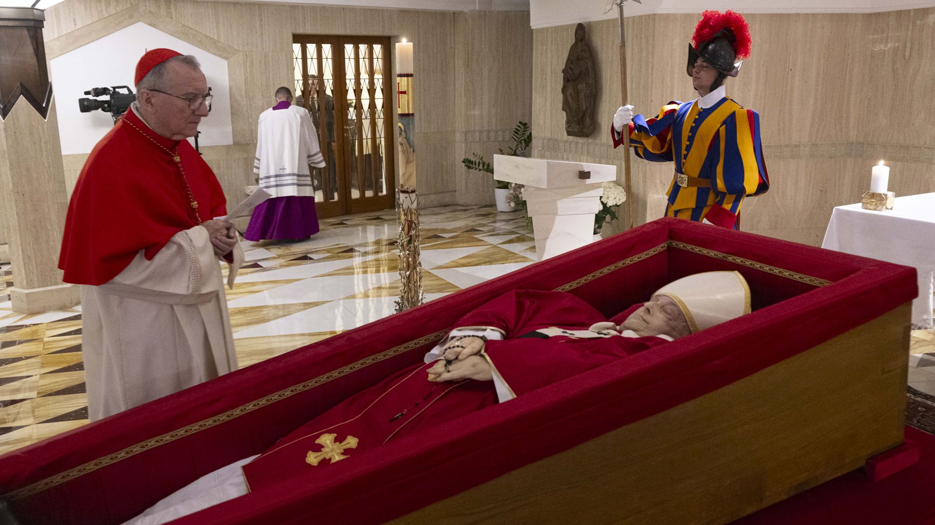   Vatican Secretary of State cardinal Pietro Parolin prays during the Rite of Certification of Death of Pope Francis in the chapel of Casa Santa Marta on April 21, 2025 in Vatican City, Vatican. 