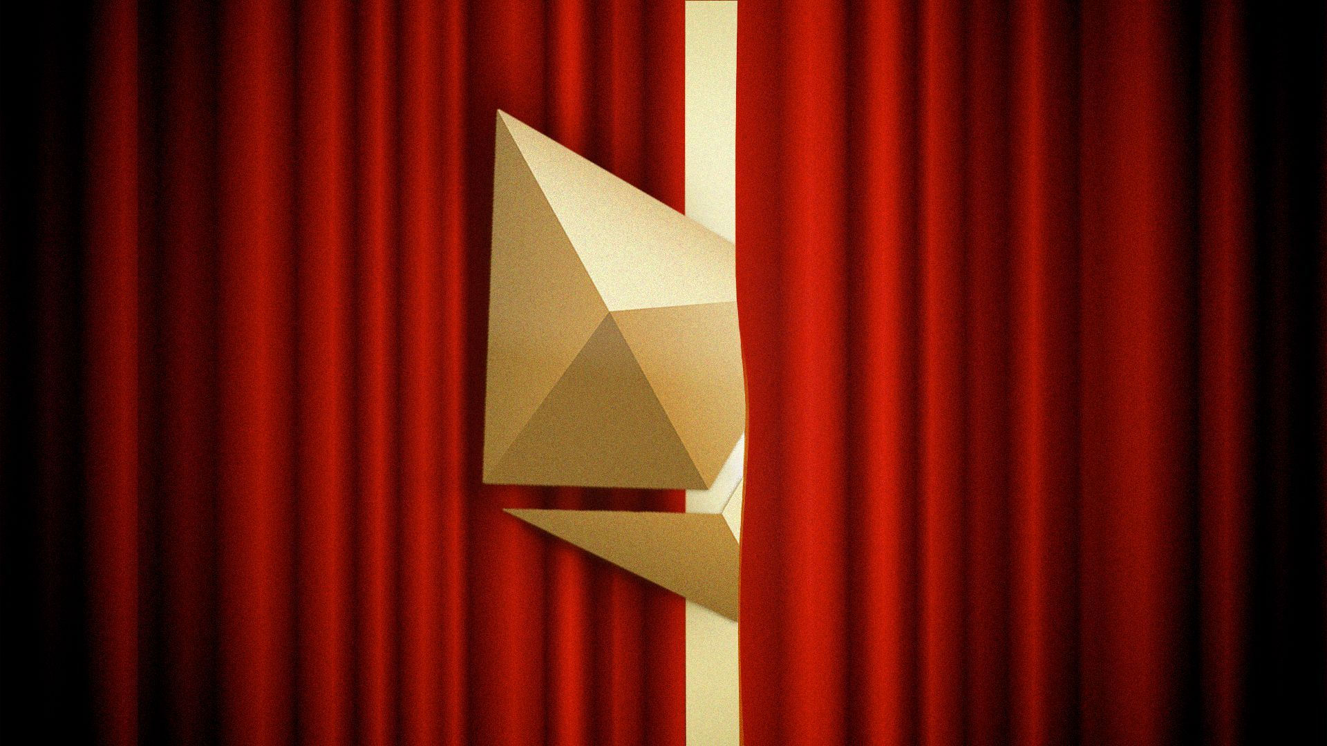 Illustration of the Ethereum logo peeking out from behind a curtain.