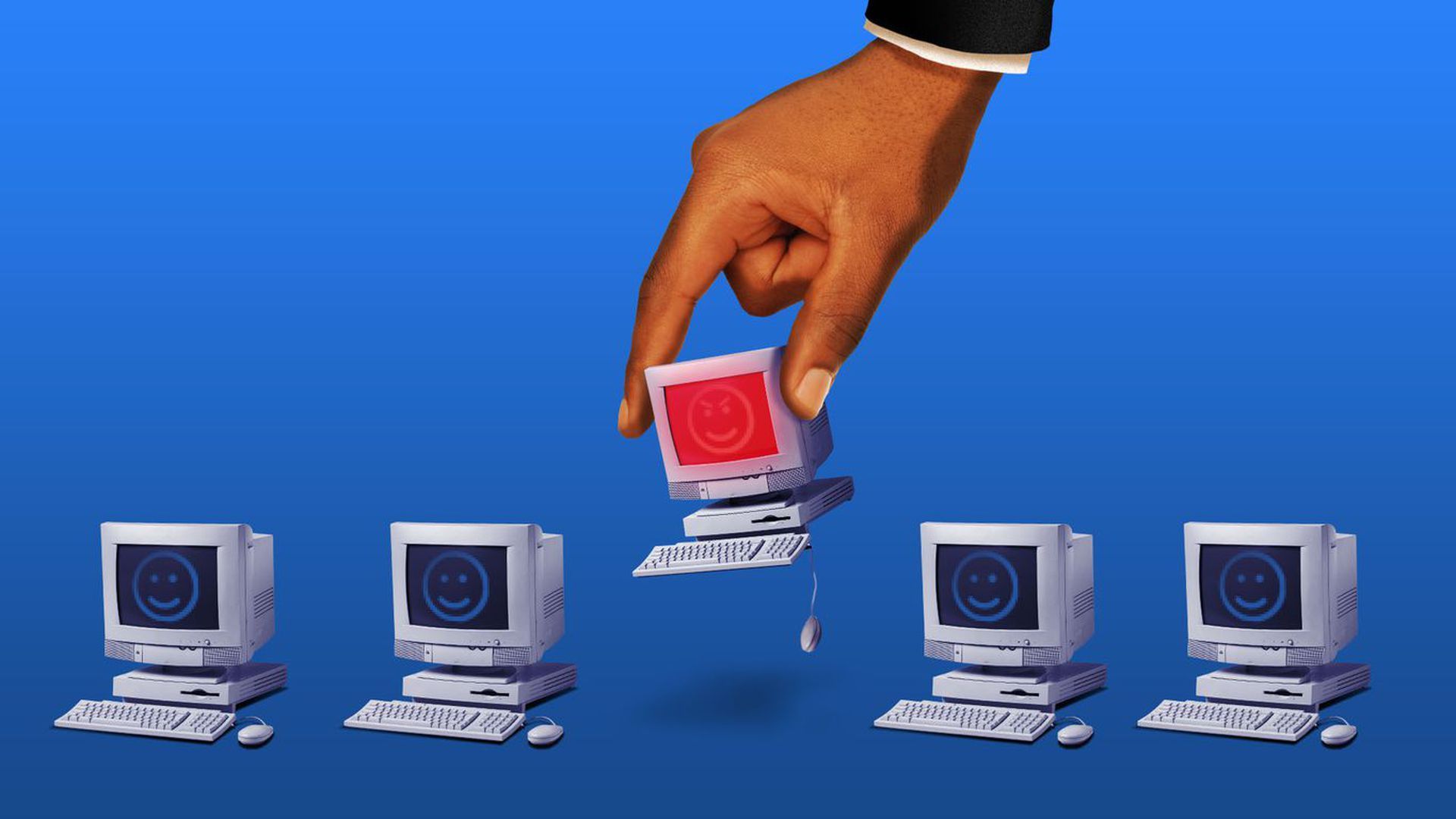 A photo illustration of computers with smiley faces against a blue background as one computer with a red background is picked up by a hand
