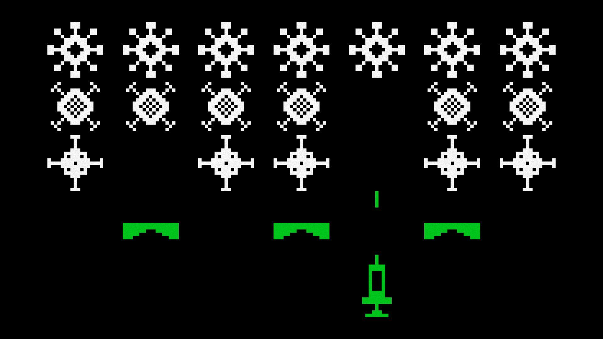 Illustration of an 8-bit syringe, firing up at rows of 8-bit viruses. 
