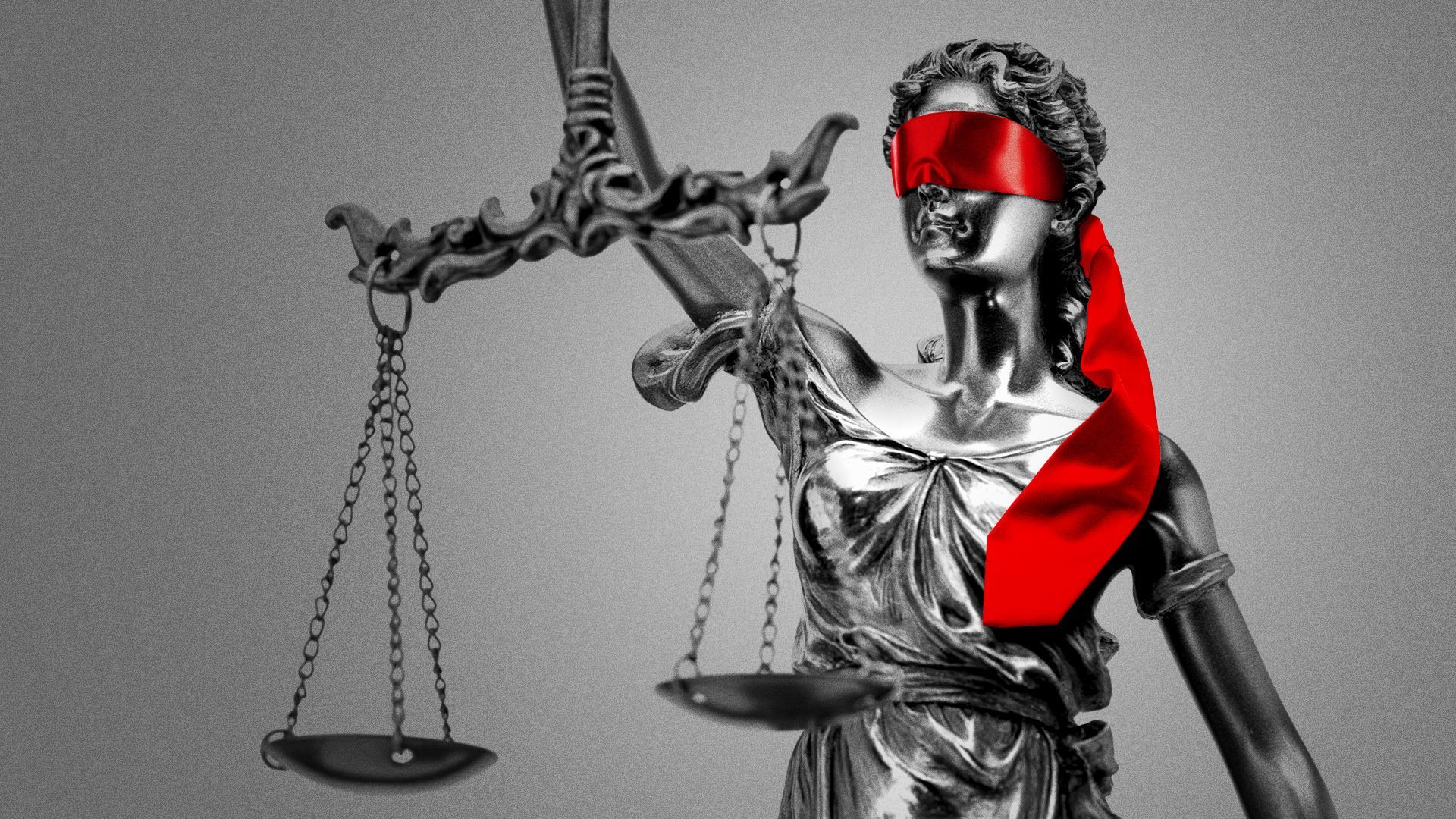 Illustration of Lady Justice being blindfolded with a red necktie. 