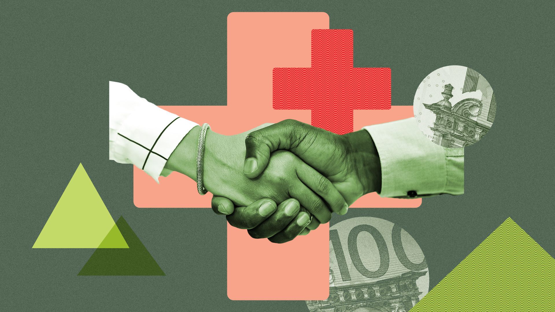 Illustration of a handshake with shapes and zoomed in photos of euro notes.