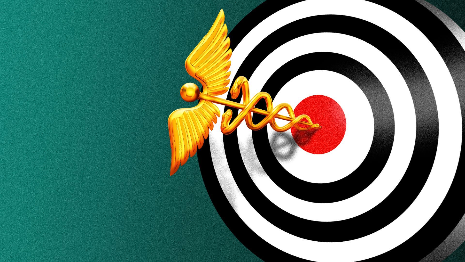 Illustration of a caduceus hitting a bullseye in a target