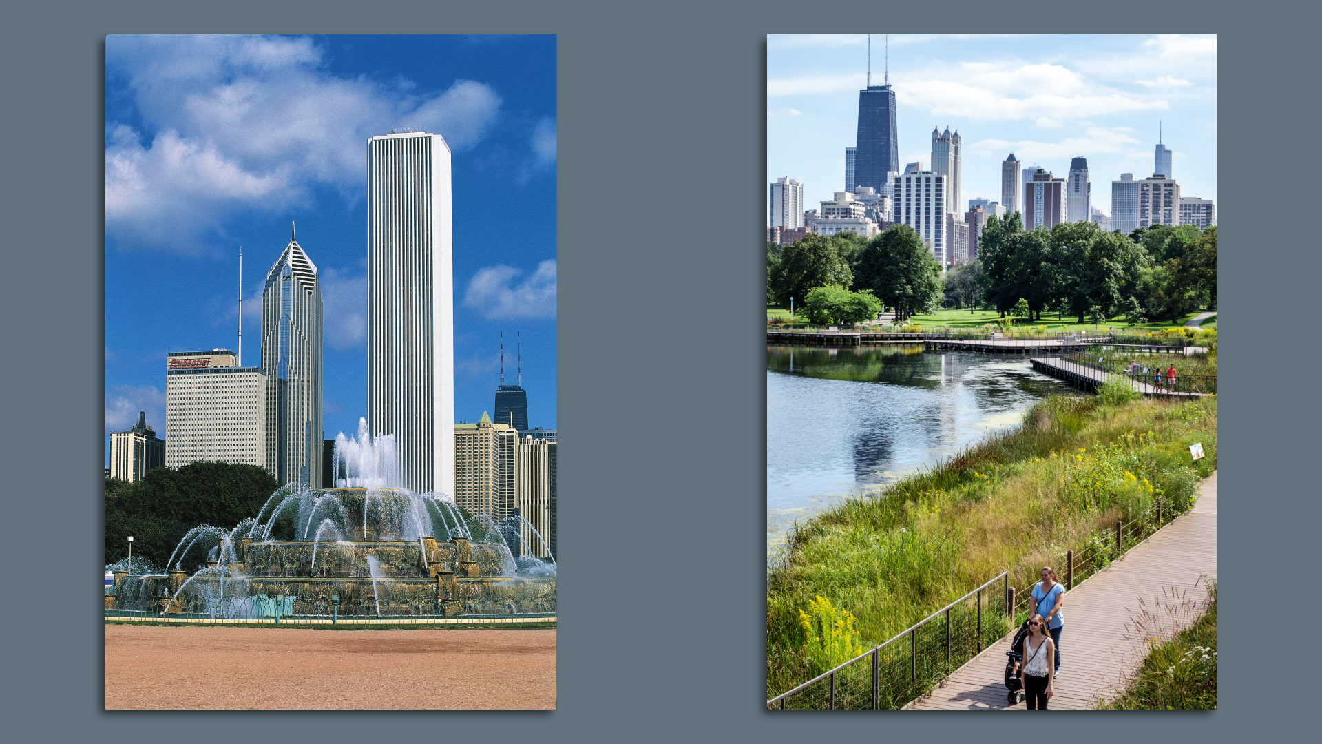 Two side-by-side photos. On the left, the Buckingham Fountain in Grant Park sprays water, with the Chicago skyline in the background. On the right, two people walk on the nature boardwalk in Lincoln Park, with the skyline in the background.