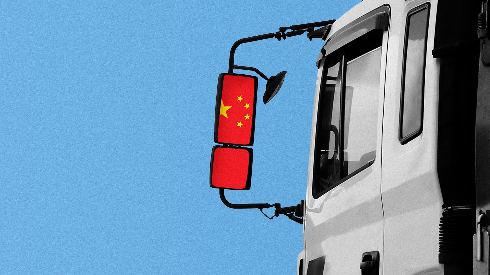 Illustration of a tractor trailer with a Chinese flag reflected in the side mirrors