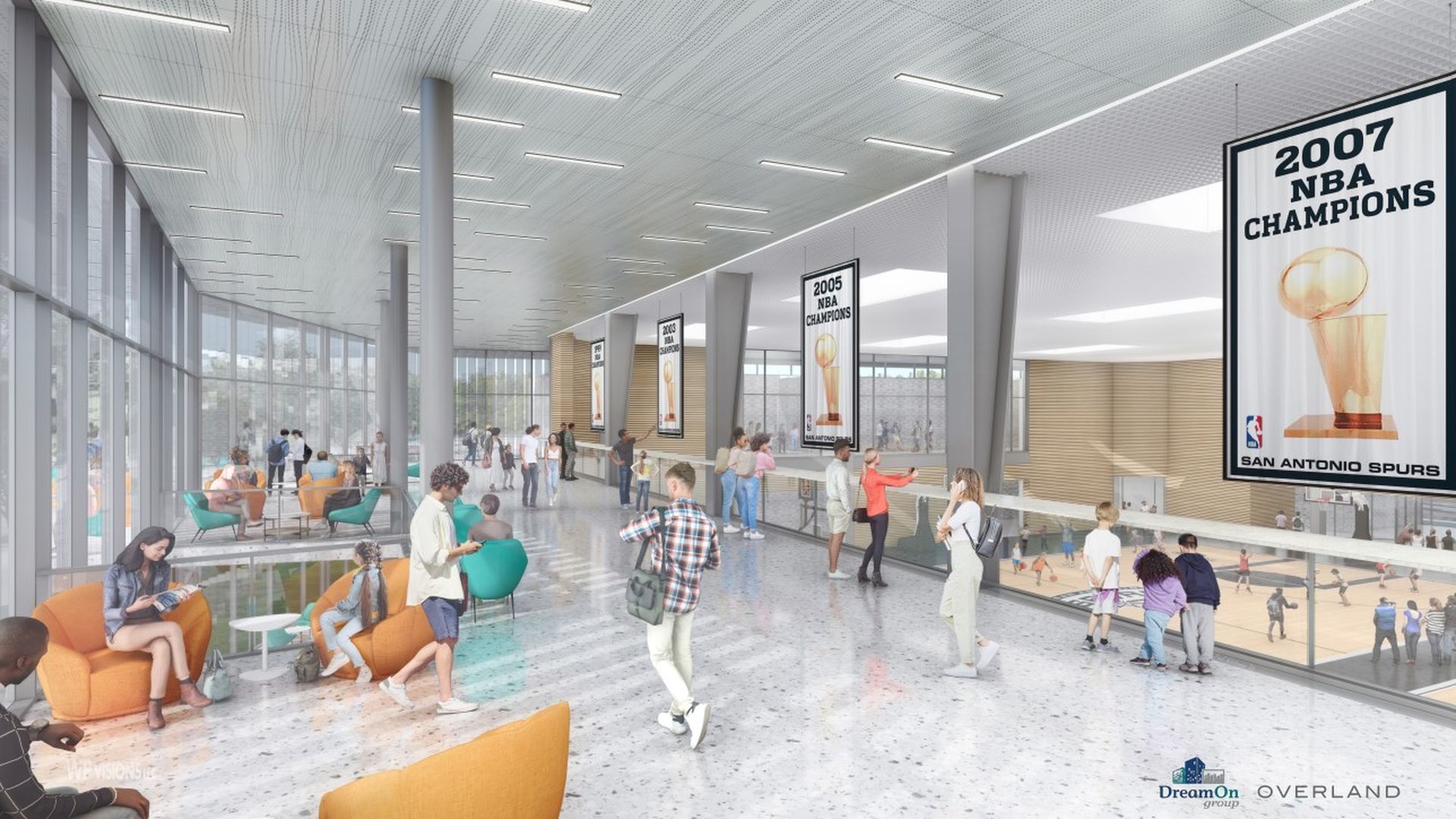 People mill about a light-filled lobby area with seating by windows on the left side and basketball courts with clear walls on the right side. A banner celebrates the Spurs as the 2007 NBA champions. The rendering shows the future of the Spurs Impact Center.