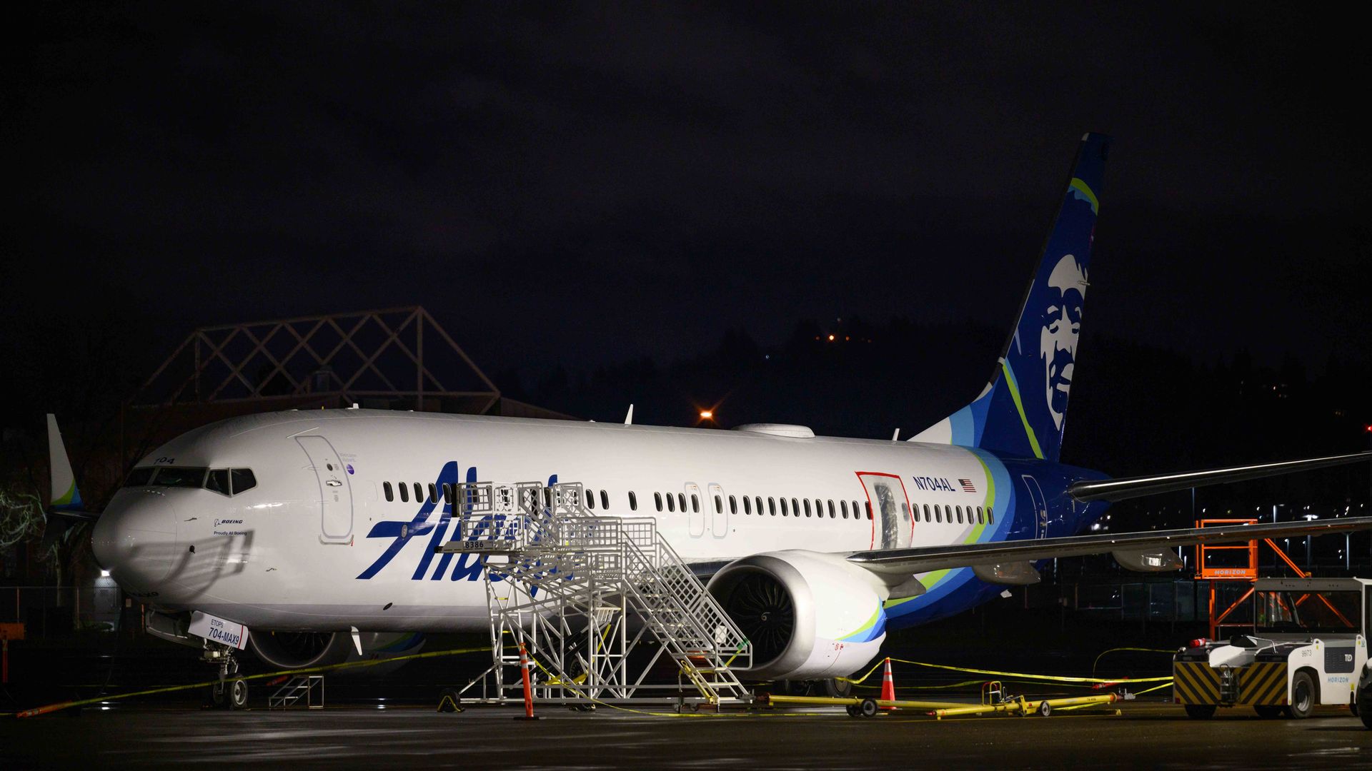 The Alaska Airlines Boeing 737 MAX 9 aircraft outside a hangar at Portland International Airport