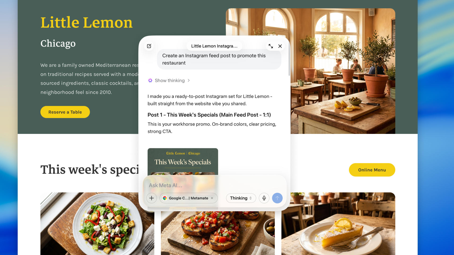 Promo hero for Little Lemon in Chicago: dark teal left panel with yellow title, white body text and a yellow Reserve a Table button; right shows a sunlit restaurant interior and food photos collage.