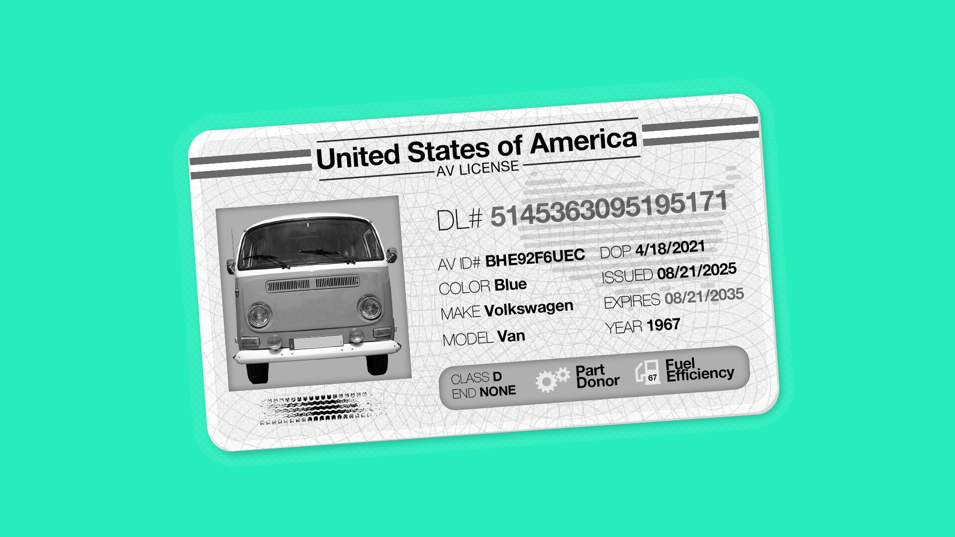 imagined mock-up of a driver's license for an autonomous vehicle