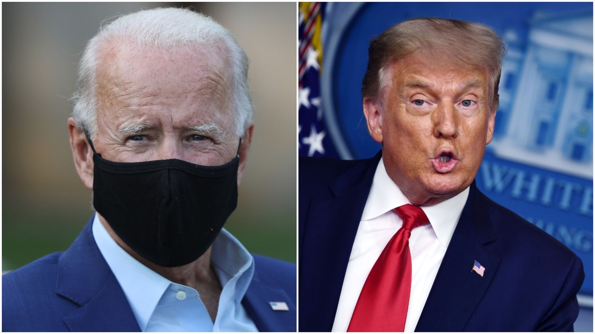 A split screen of Trump and Biden