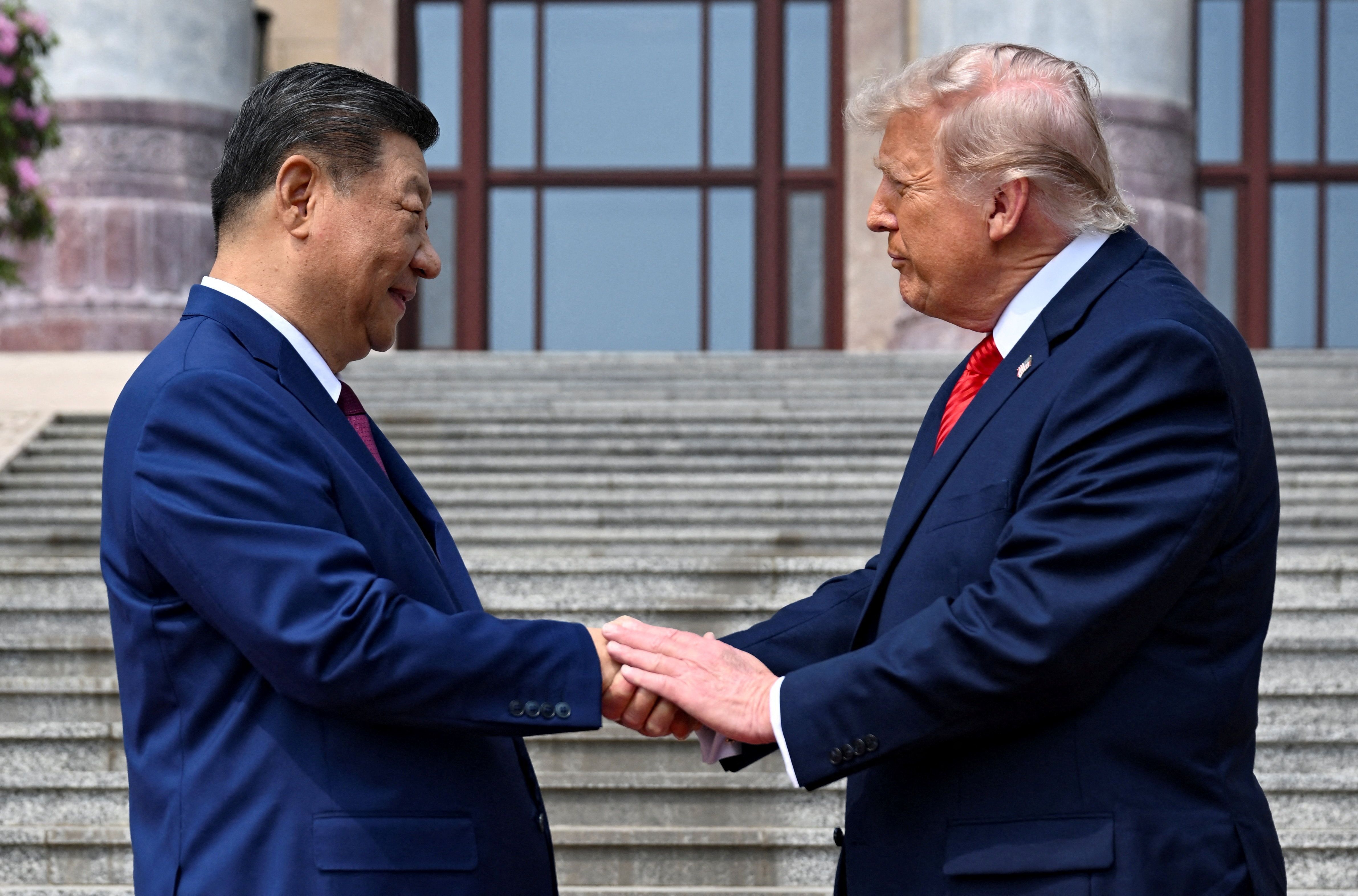 . President Donald Trump participates in events at the Great Hall of the People and does a greeting with the President of the People's Republic of China Xi Jinping May 14, 2026, in Beijing China during a trip focused on trade, regional security, and strengthening bilateral ties between the world's t