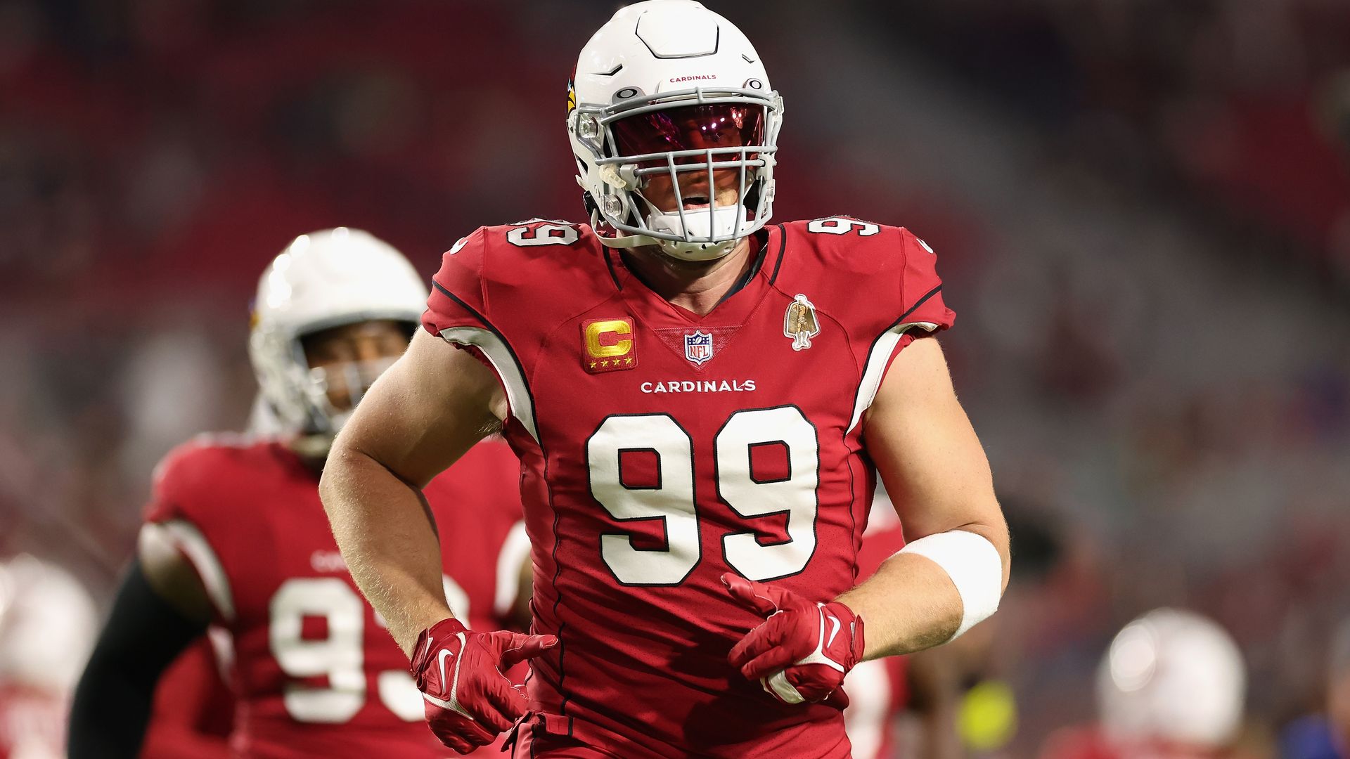 Defensive end J.J. Watt #99 of the Arizona Cardinals warms up before the NFL game against the Tampa Bay Buccaneers.