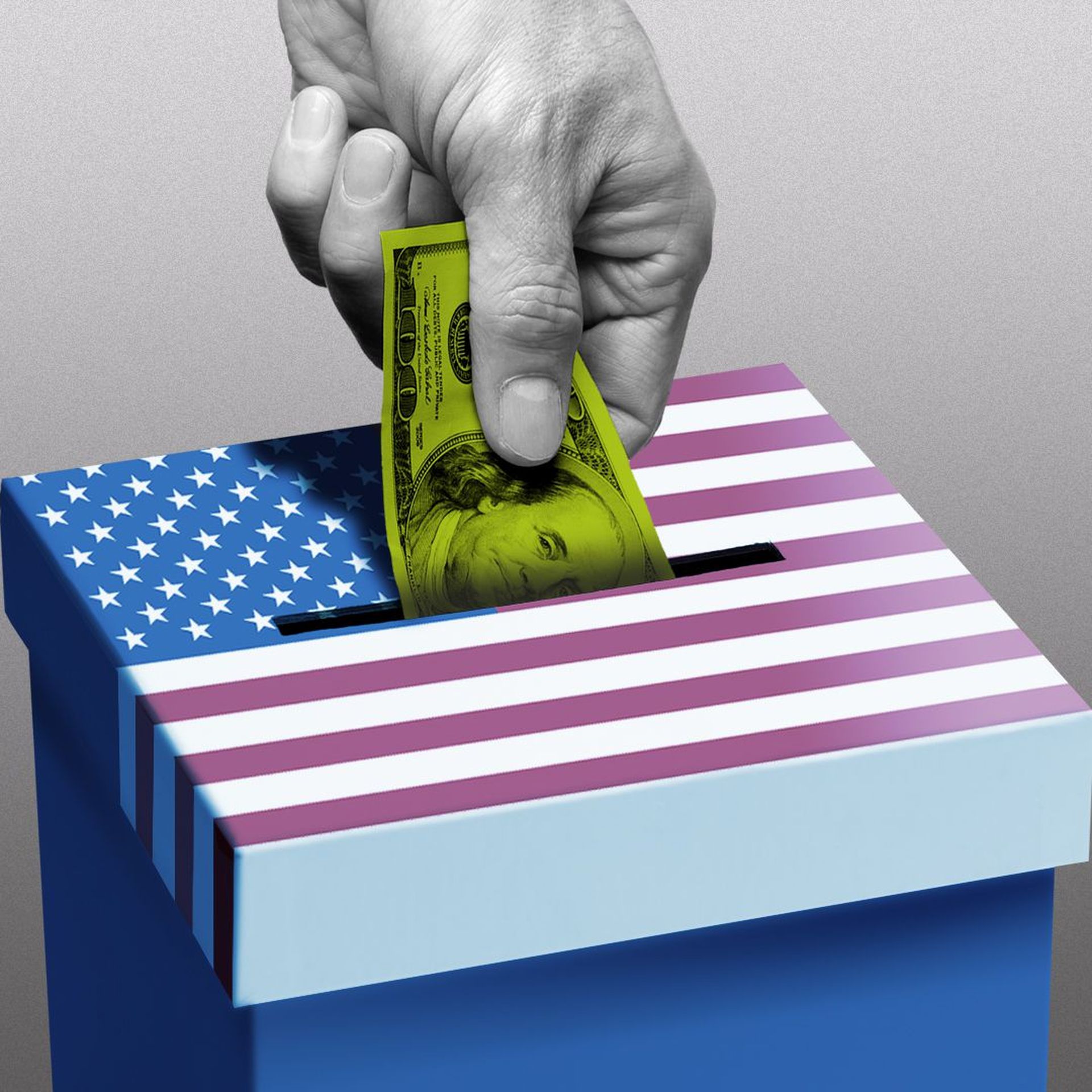 A hand puts money into a ballot box