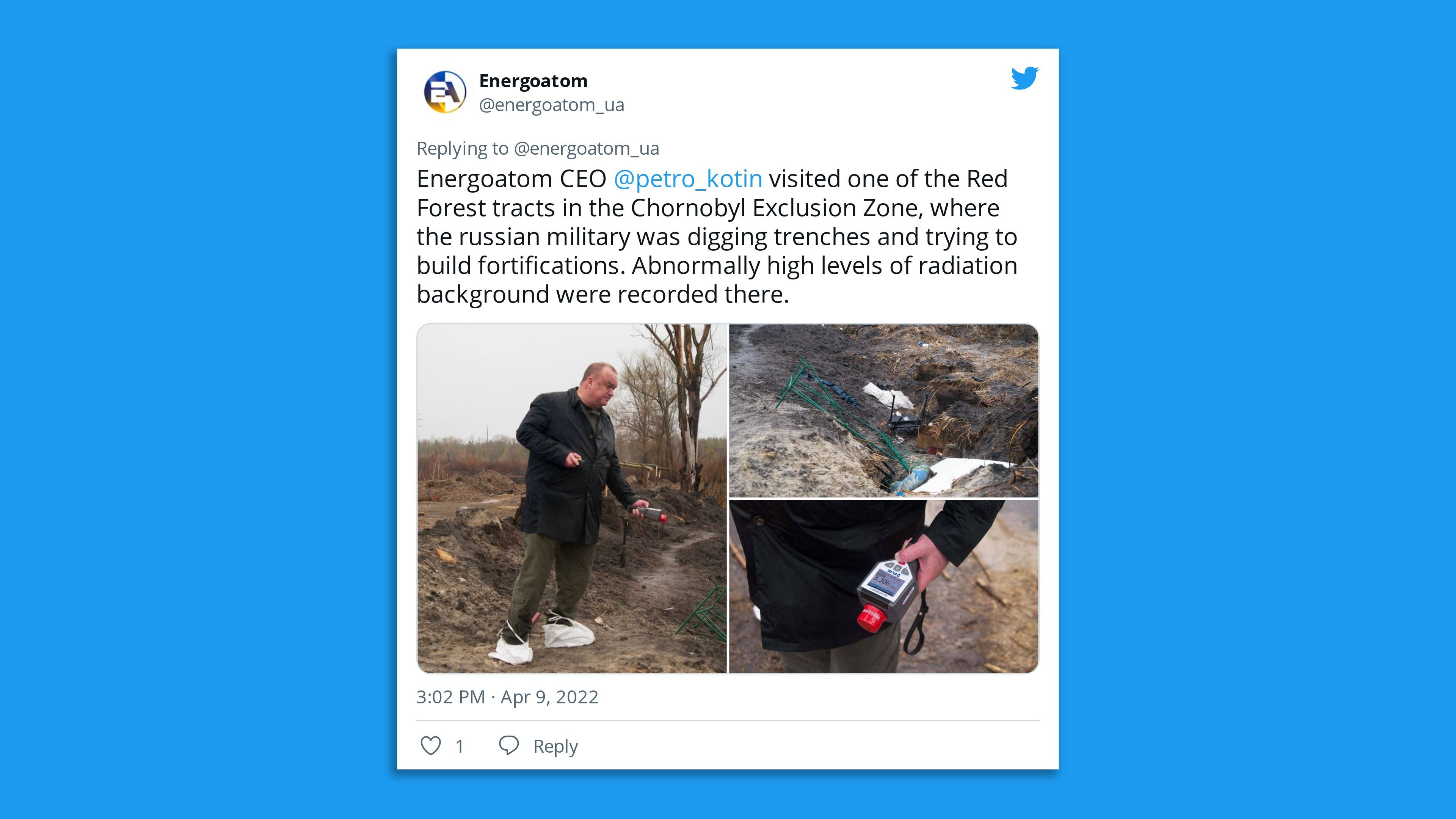 Petro Kotin, CEO of Ukraine energy agency Energoatom, visiting one of the Red Forest tracts in the Chernobyl Exclusion Zone.