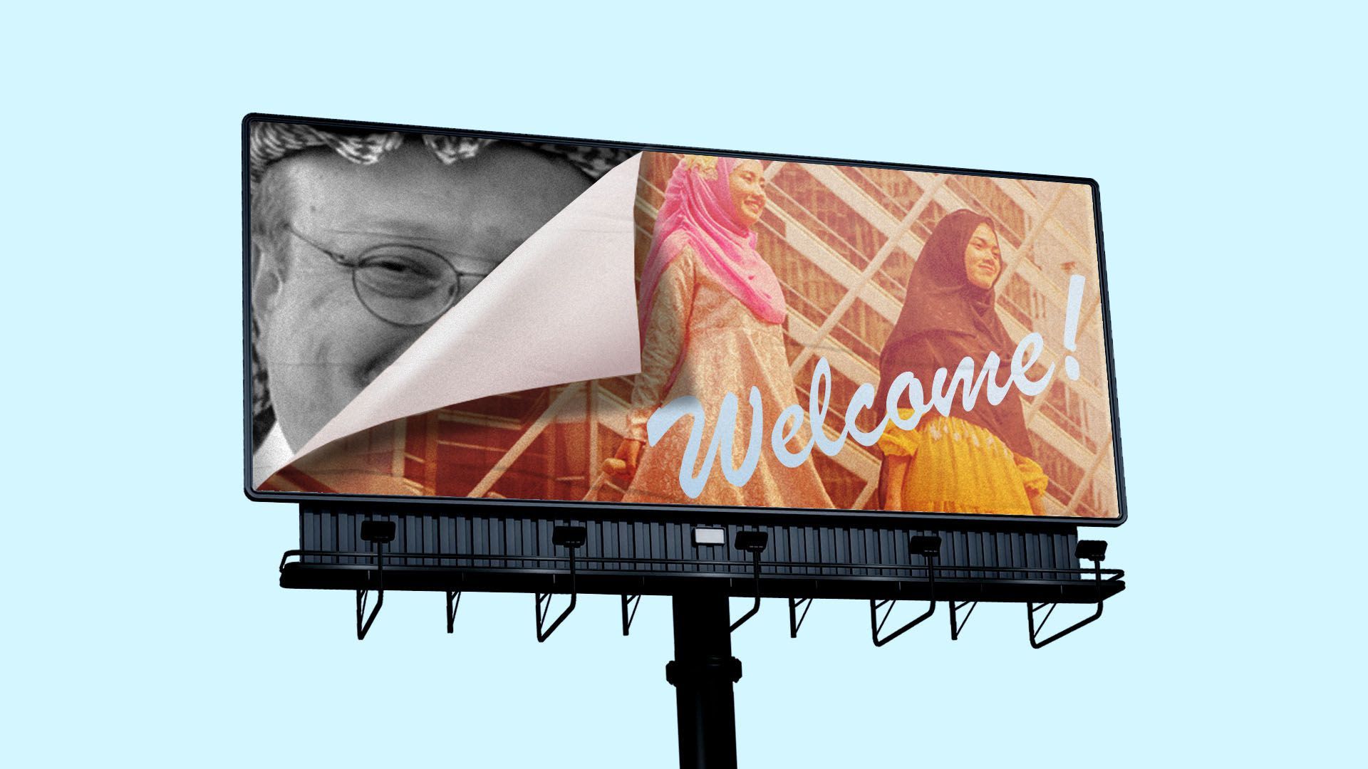 Illustration of a billboard covering up Jamal Khashoggi's face