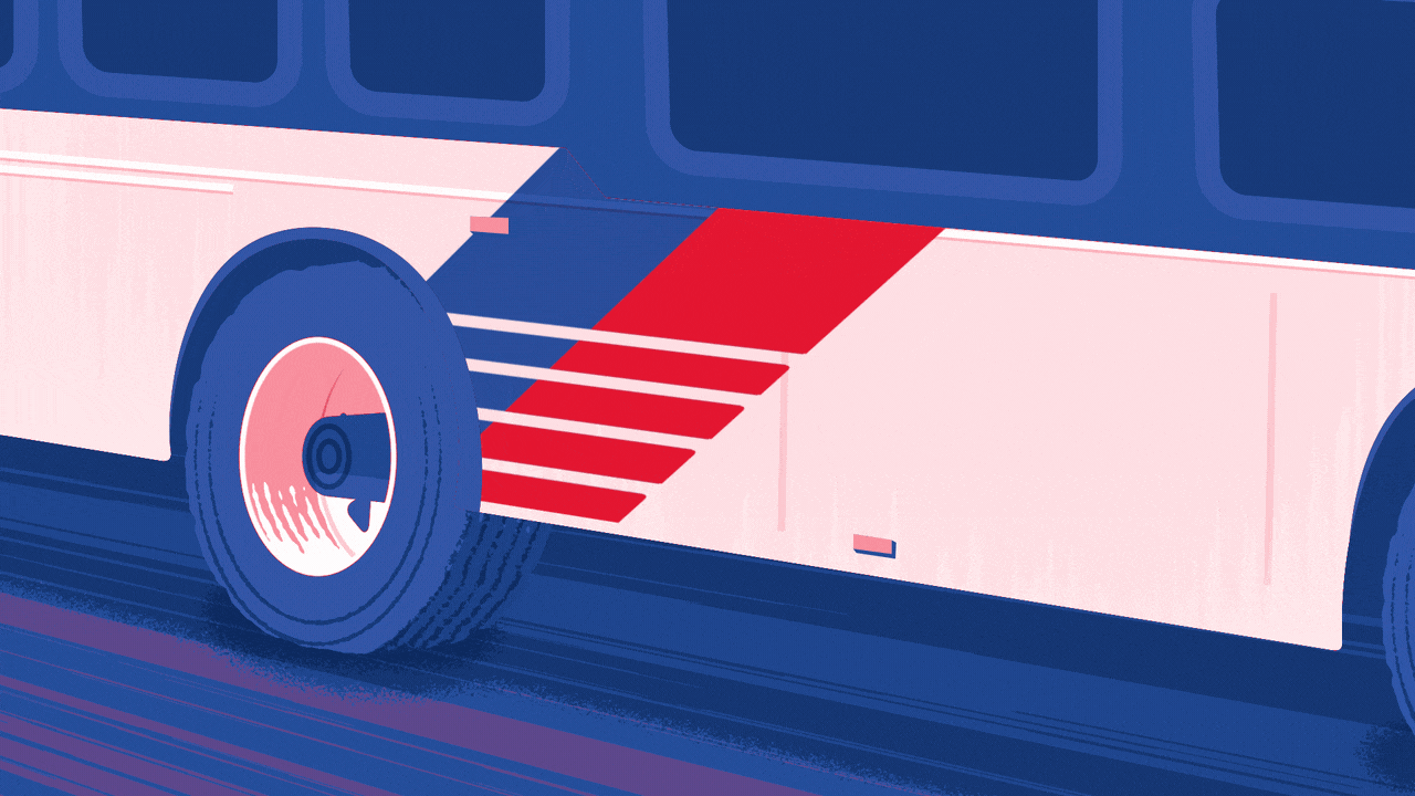 Animated illustration of a bus with the Houston Metro logo moving from left to right on the next stop screen.