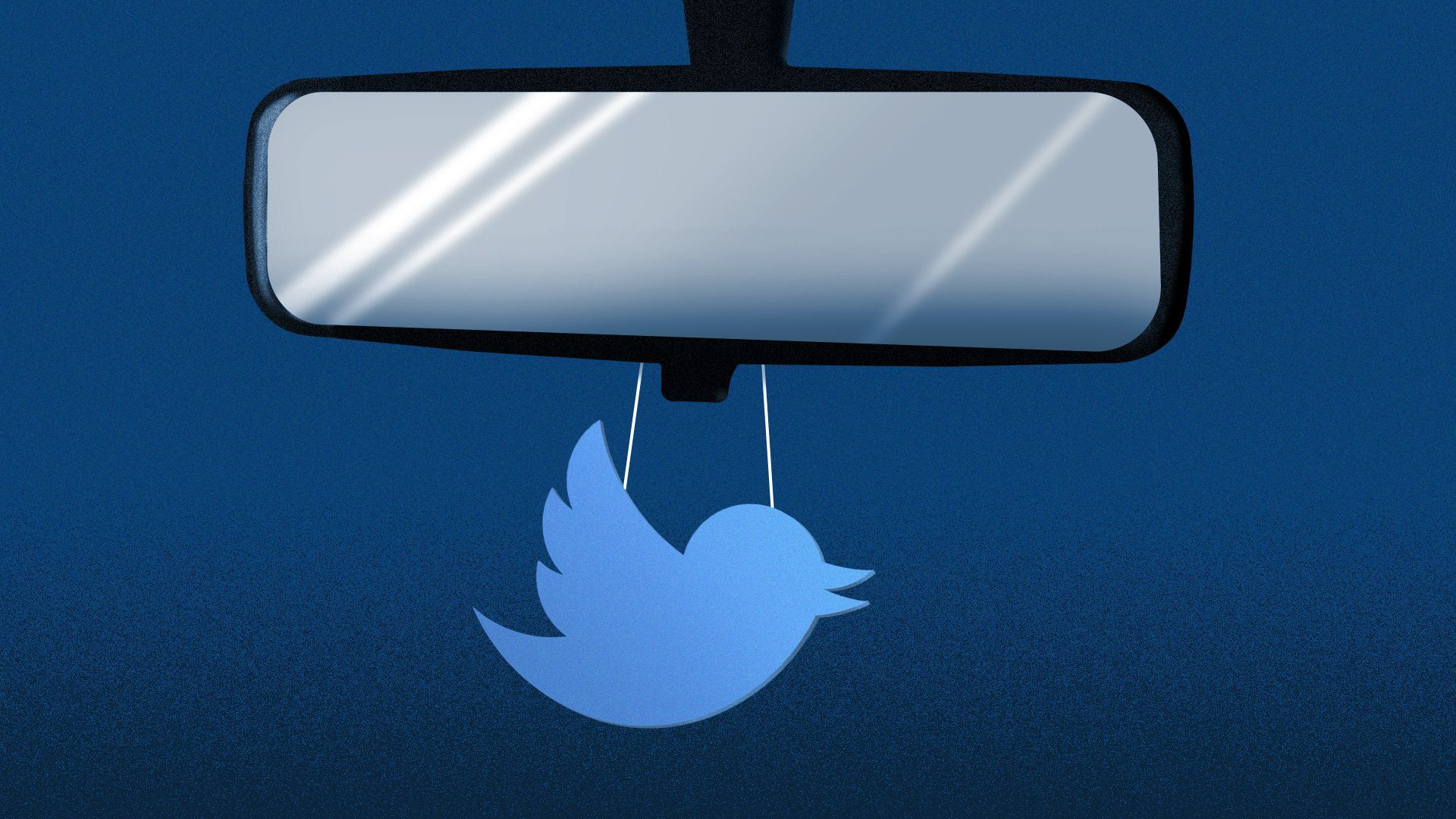 Illustration of the twitter logo hanging from a rear view mirror. 