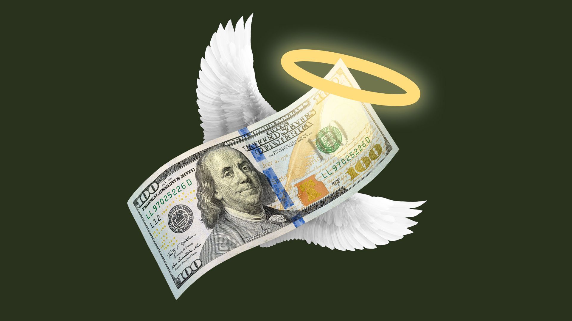 Illustration of a one hundred dollar bill with wings and a glowing halo