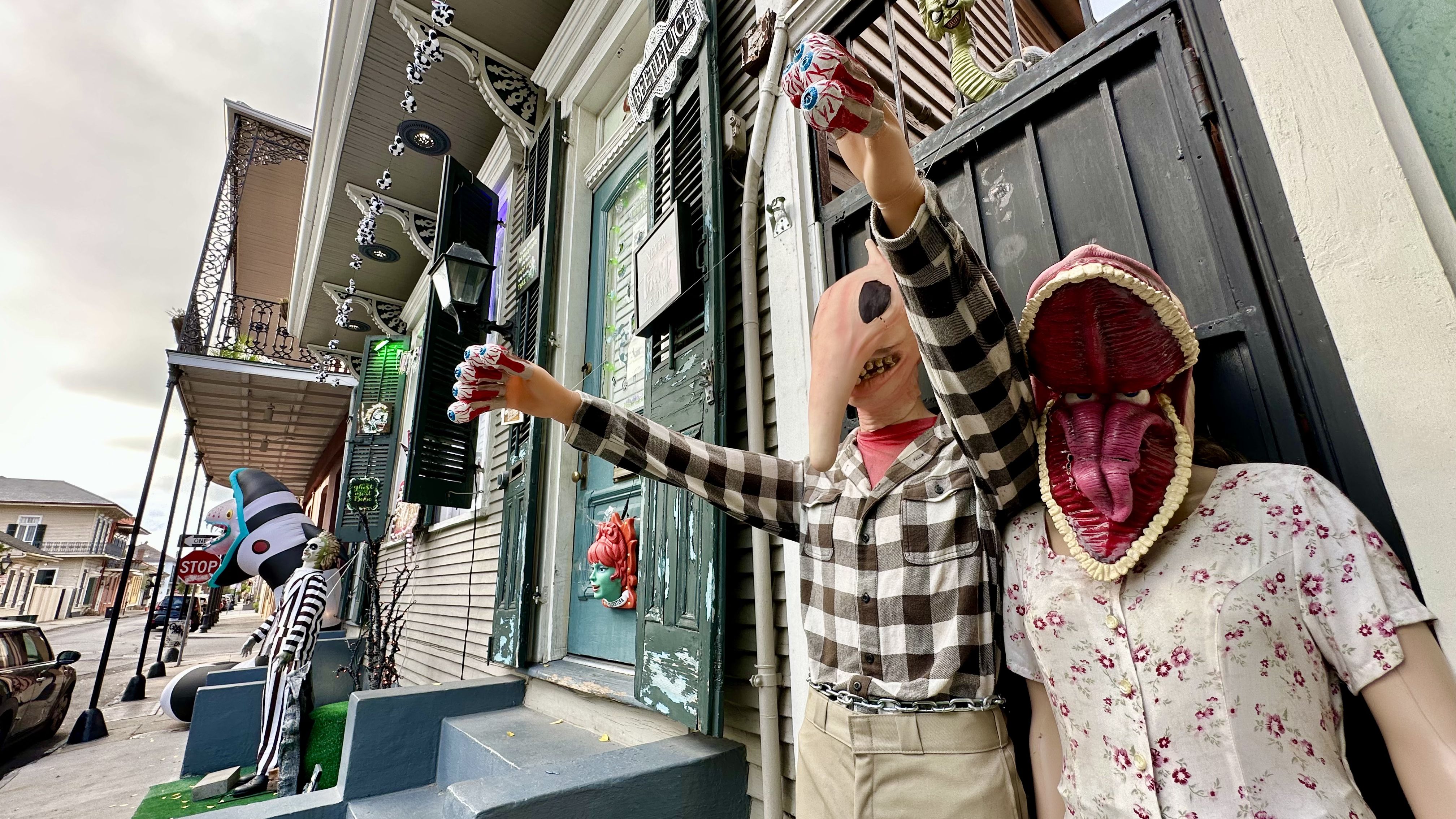 Photo shows Halloween decorations with a Beetlejuice theme in the French Quarter