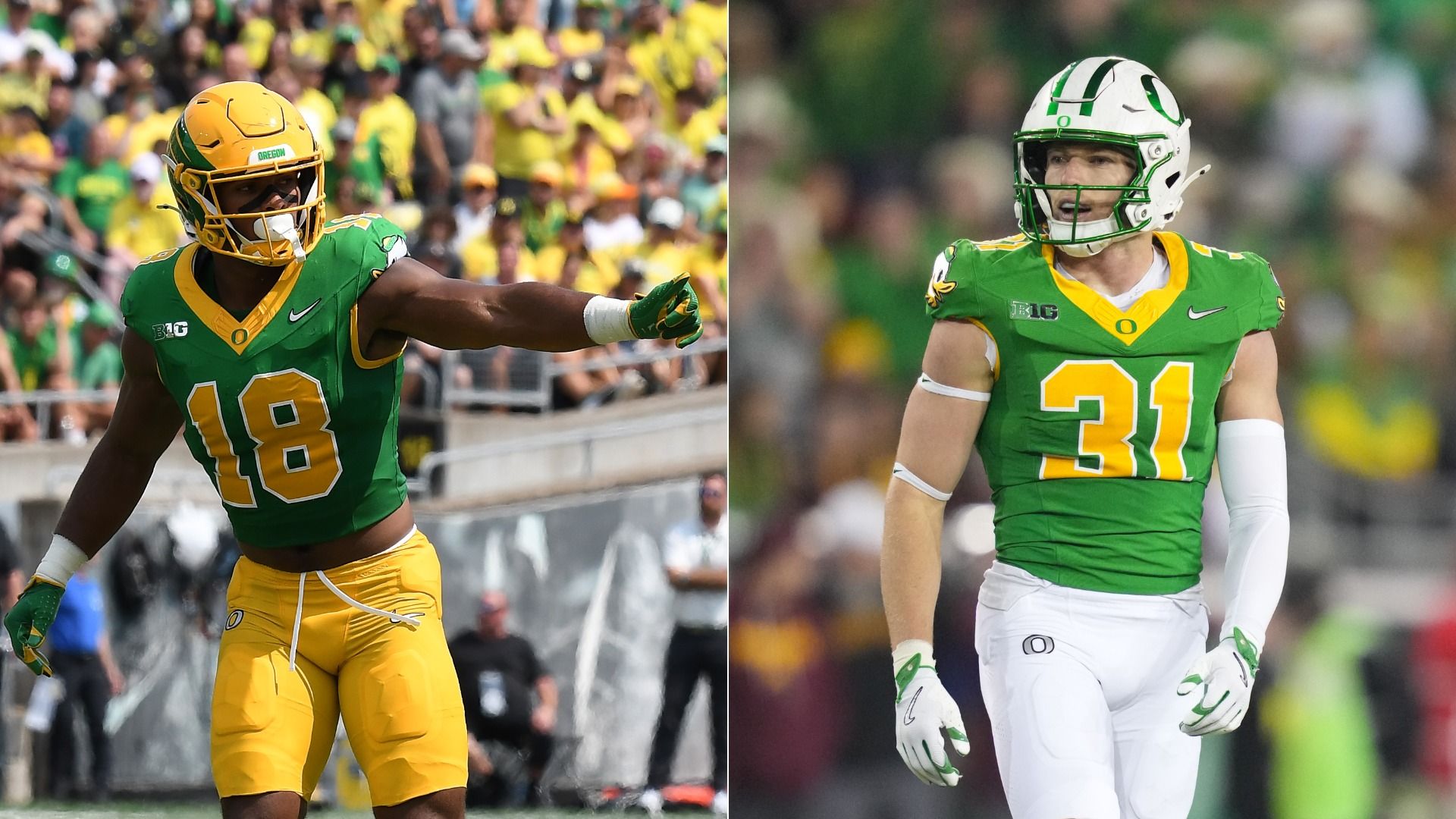Split image of two Oregon football players in green and yellow. Left: #18 with yellow helmet and pants, arm outstretched. Right: #31 in white pants and helmet, looking ahead.