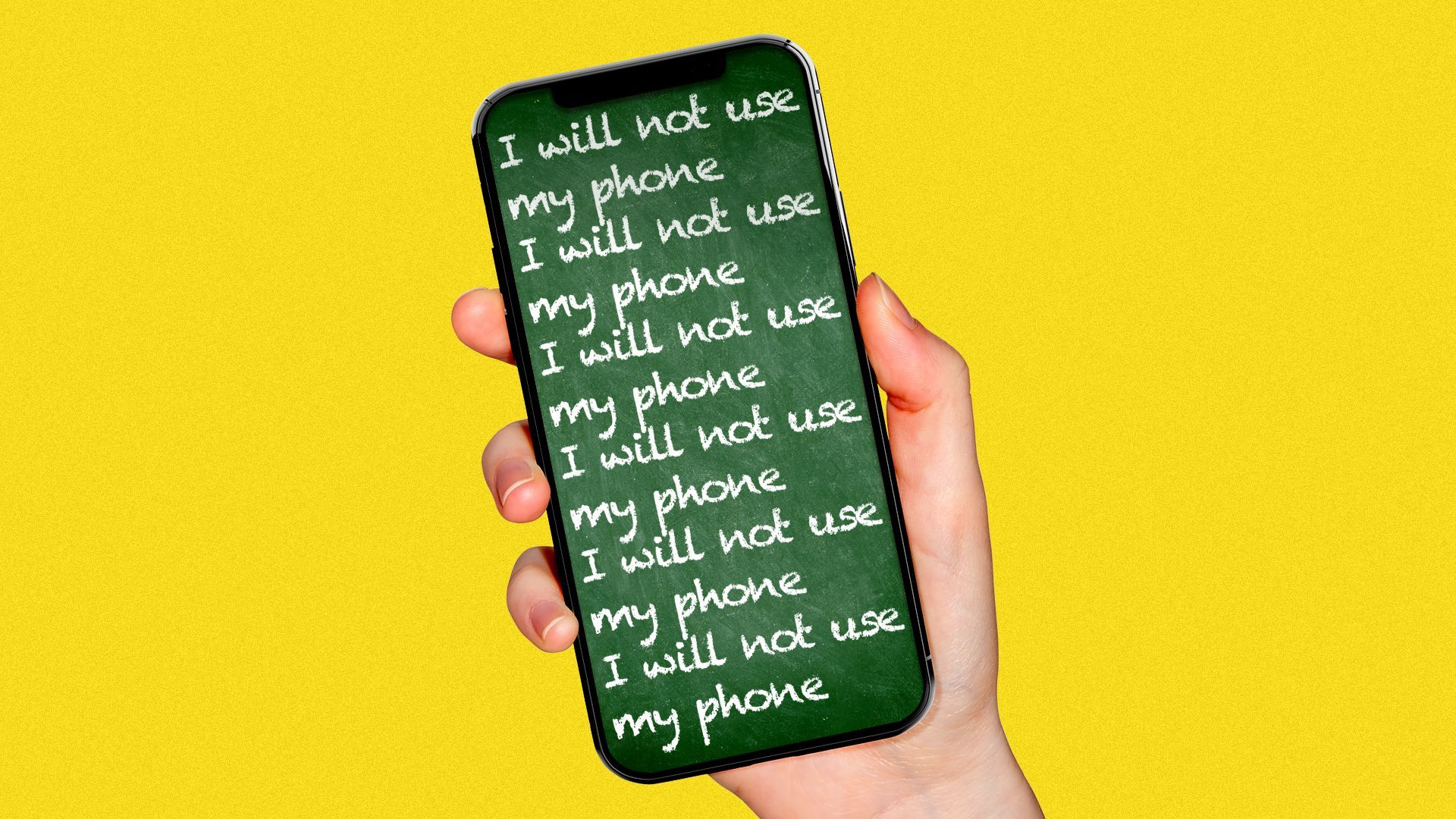 Illustration of a hand holding a phone with a chalkboard screen with the works "I will not use my phone" repeated in chalk across it