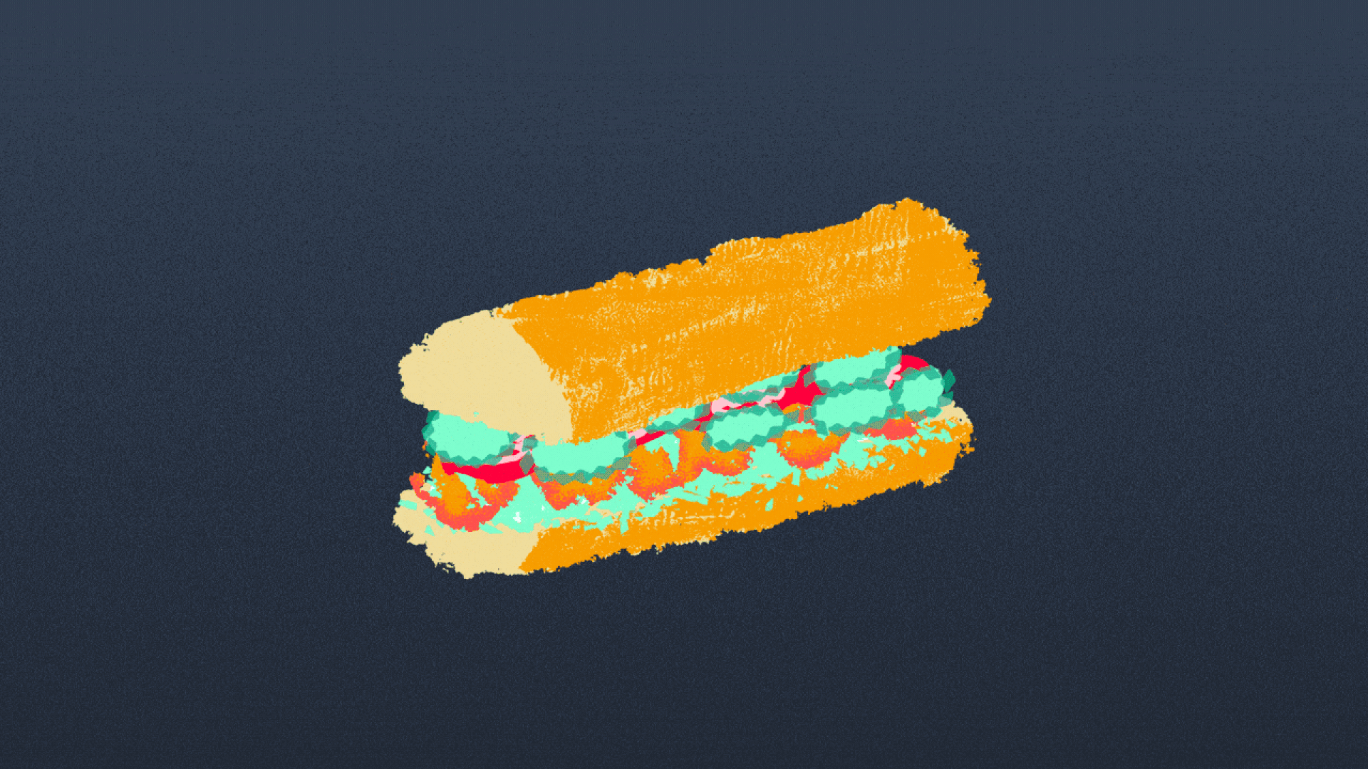 Illustration of a po boy sandwich that explodes to show all of its ingredients.