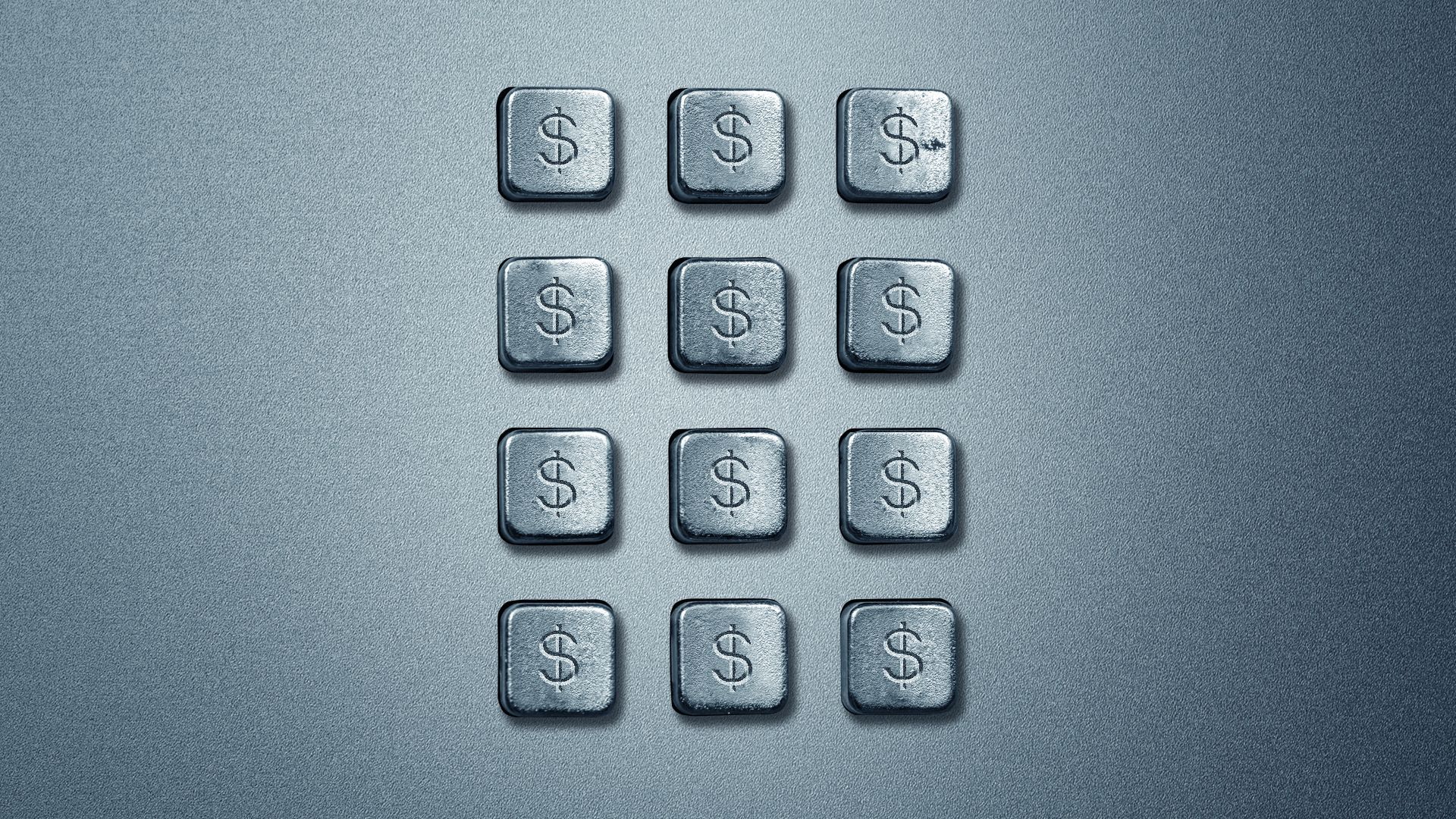 Illustration of a pay phone touchpad with dollar signs replacing the numbers.