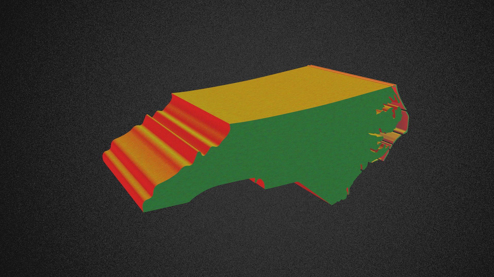 Illustration of the state of North Carolina lit by red, green and yellow lights.