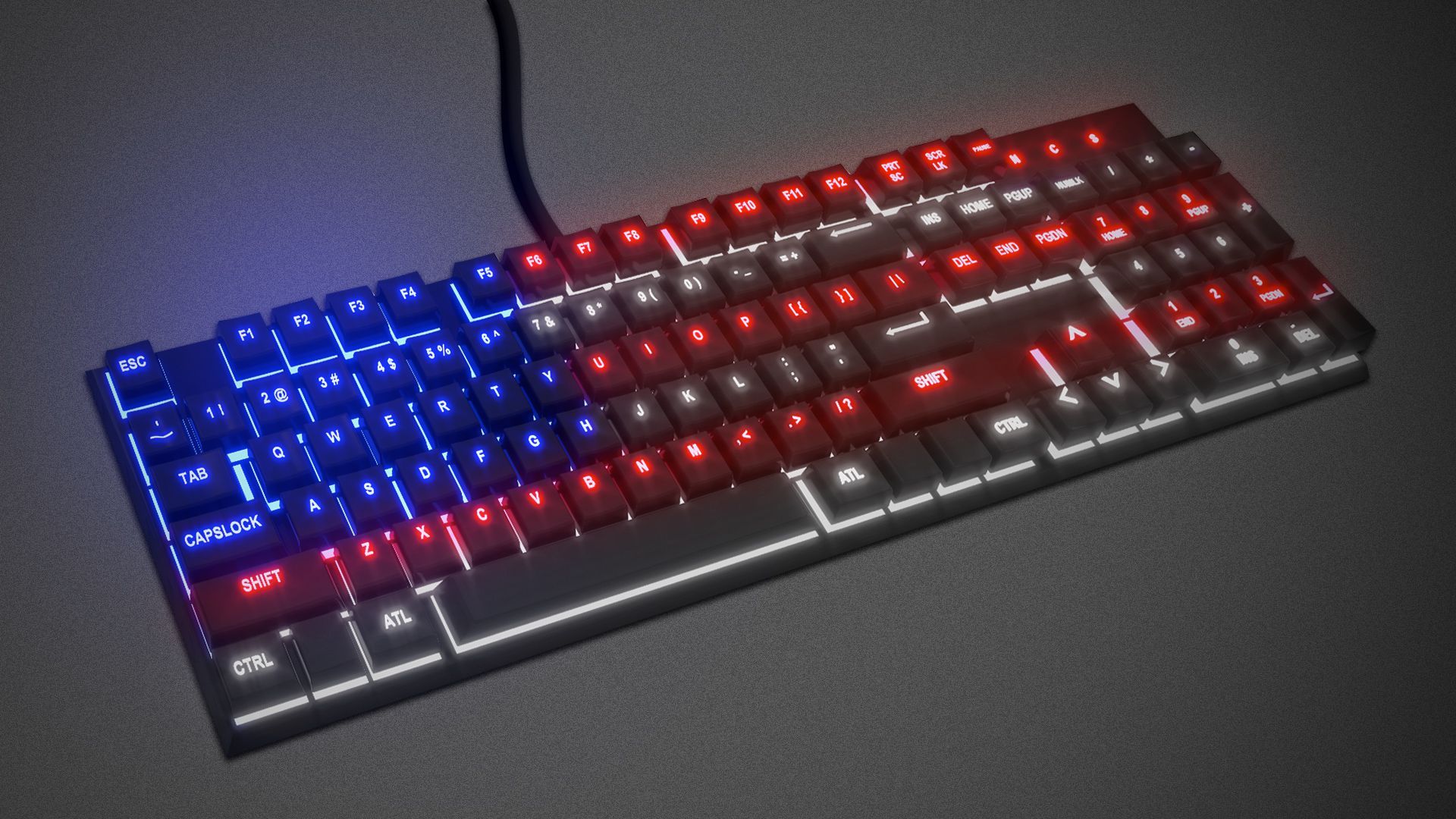 Illustration of a gaming keyboard glowing with the colors and pattern of the American flag.