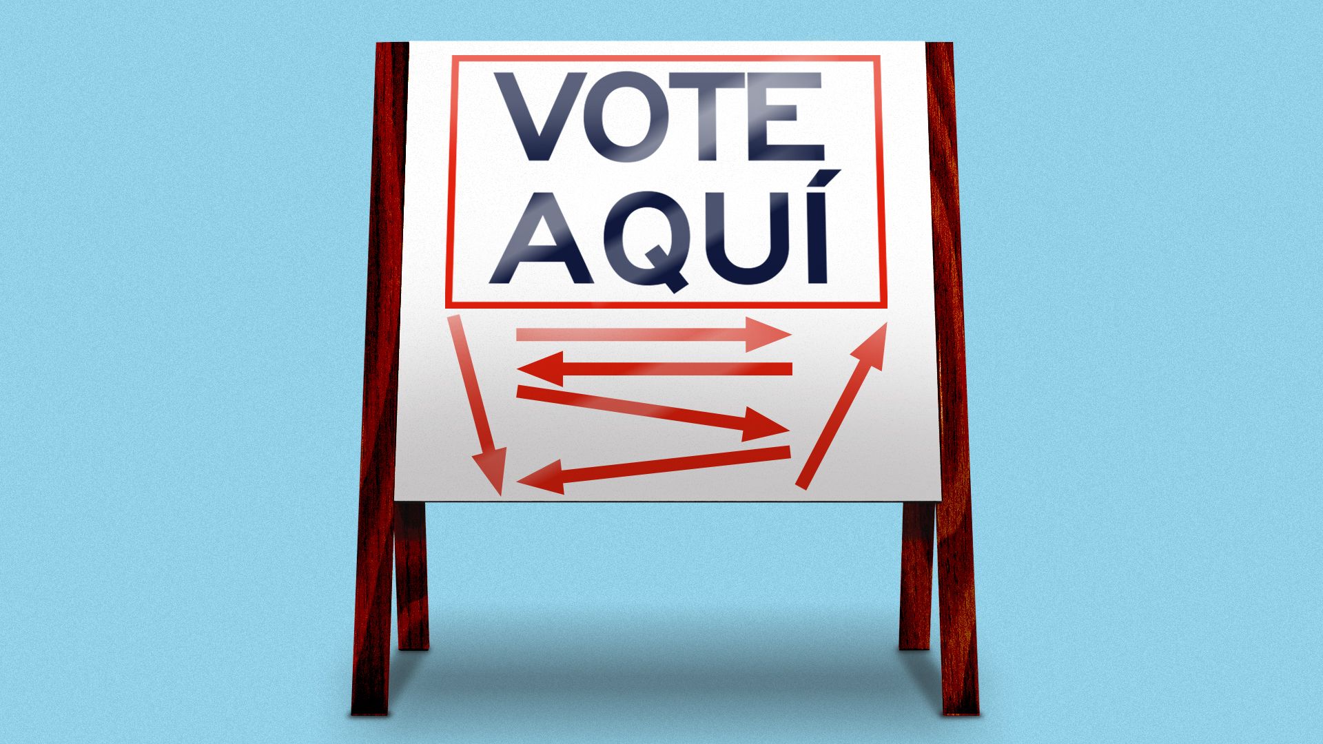 Illustration of a sign that reads "vote aqui" with arrows pointing in multiple directions