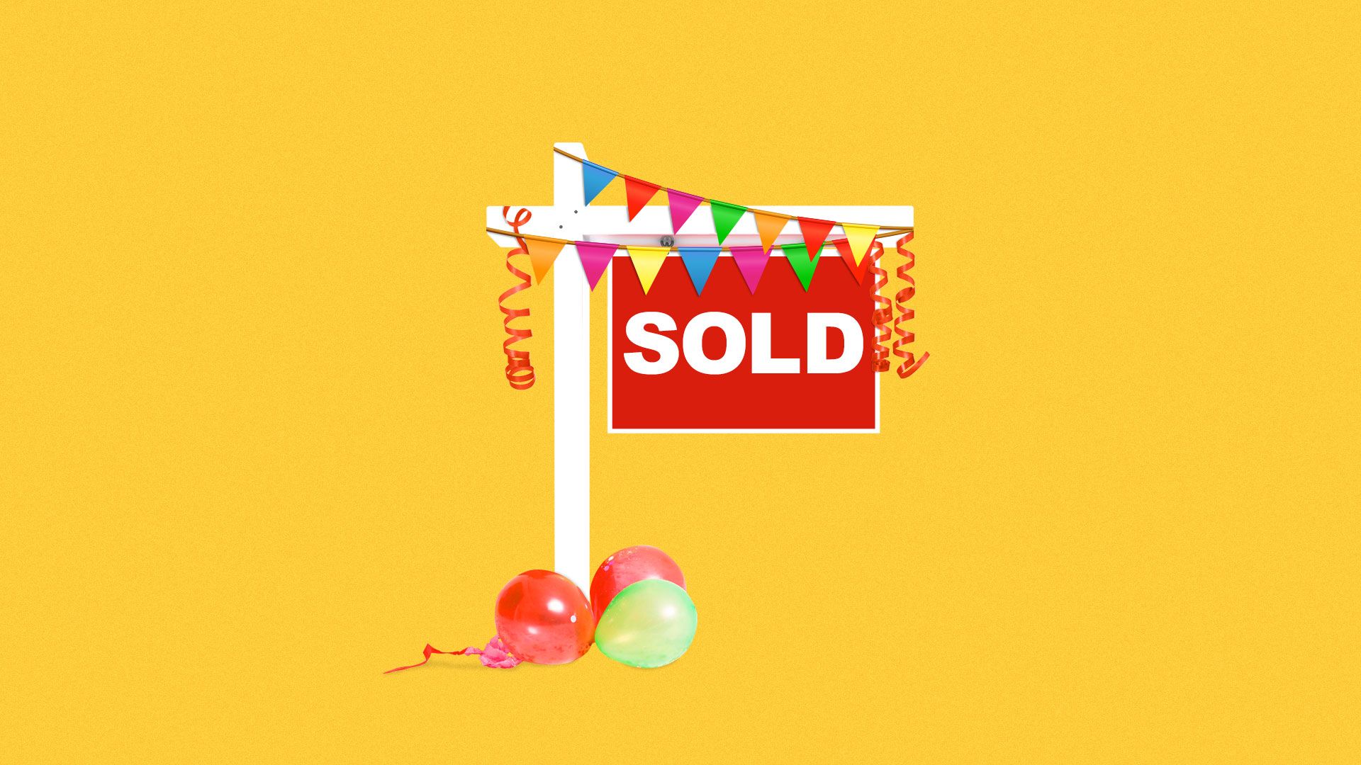 Illustration of a "sold" sign with ribbons, bunting, and balloons.