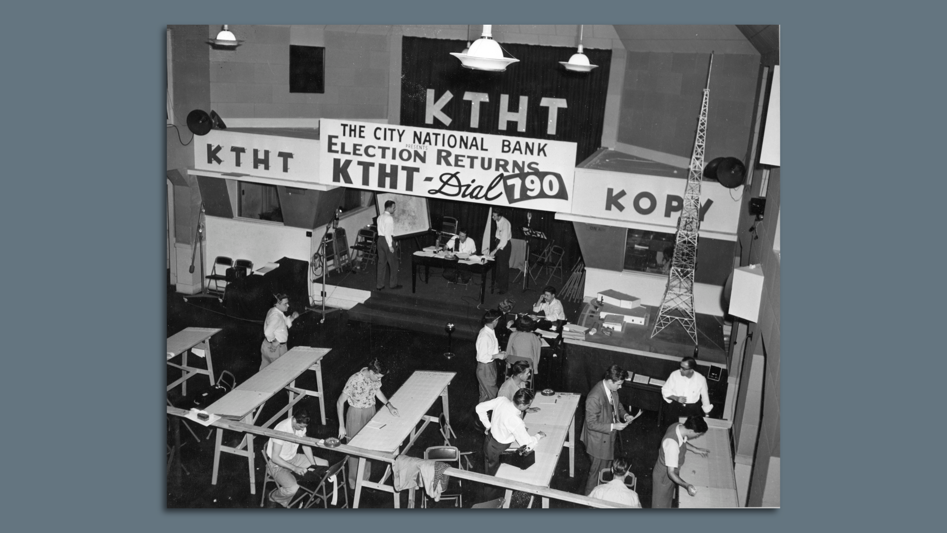 interior shot of Houston radio station KTHT broadcasting election results in 1948