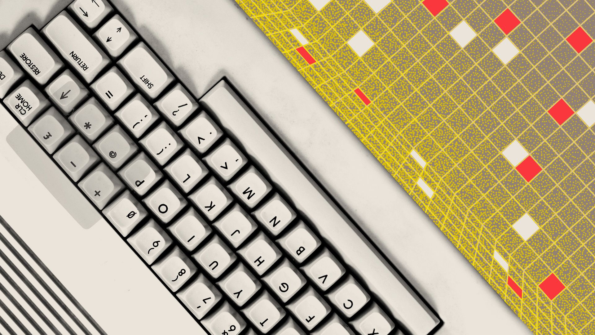 Illustration of a vintage computer keyboard on a grid with various blocks of color
