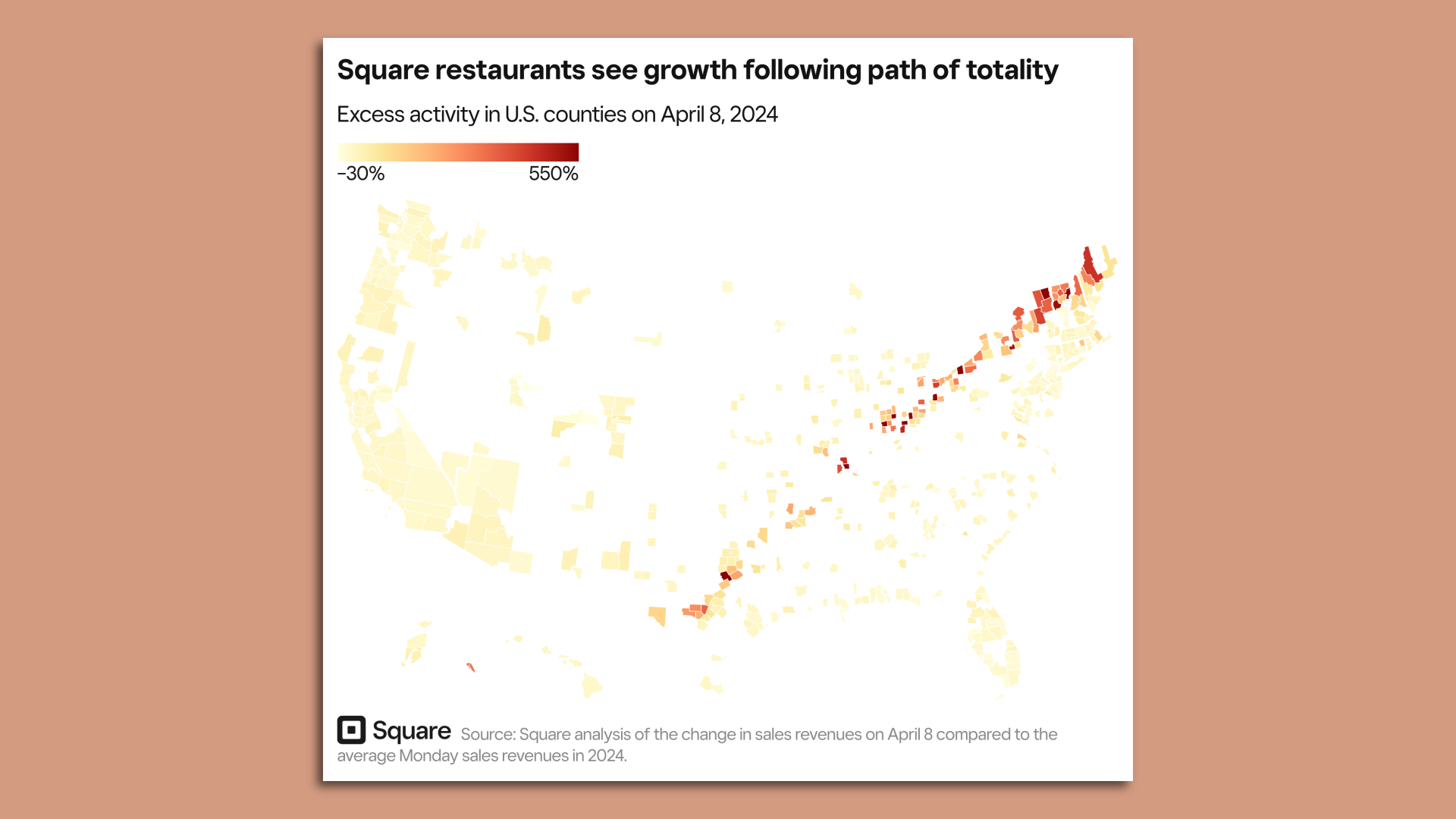 A map of the US with a darker stripe on a peach background