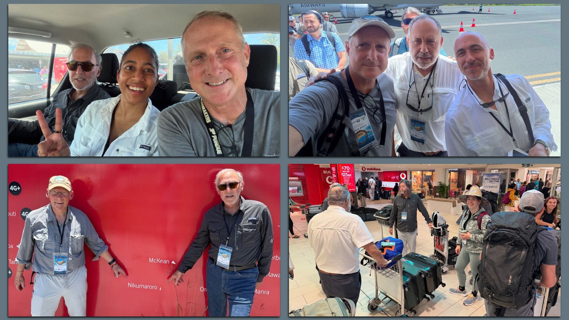 Collage of travelers: people in a car; group selfie at an airport tarmac; two men posing by a bright red wall; and travelers with rolling luggage in a busy terminal.