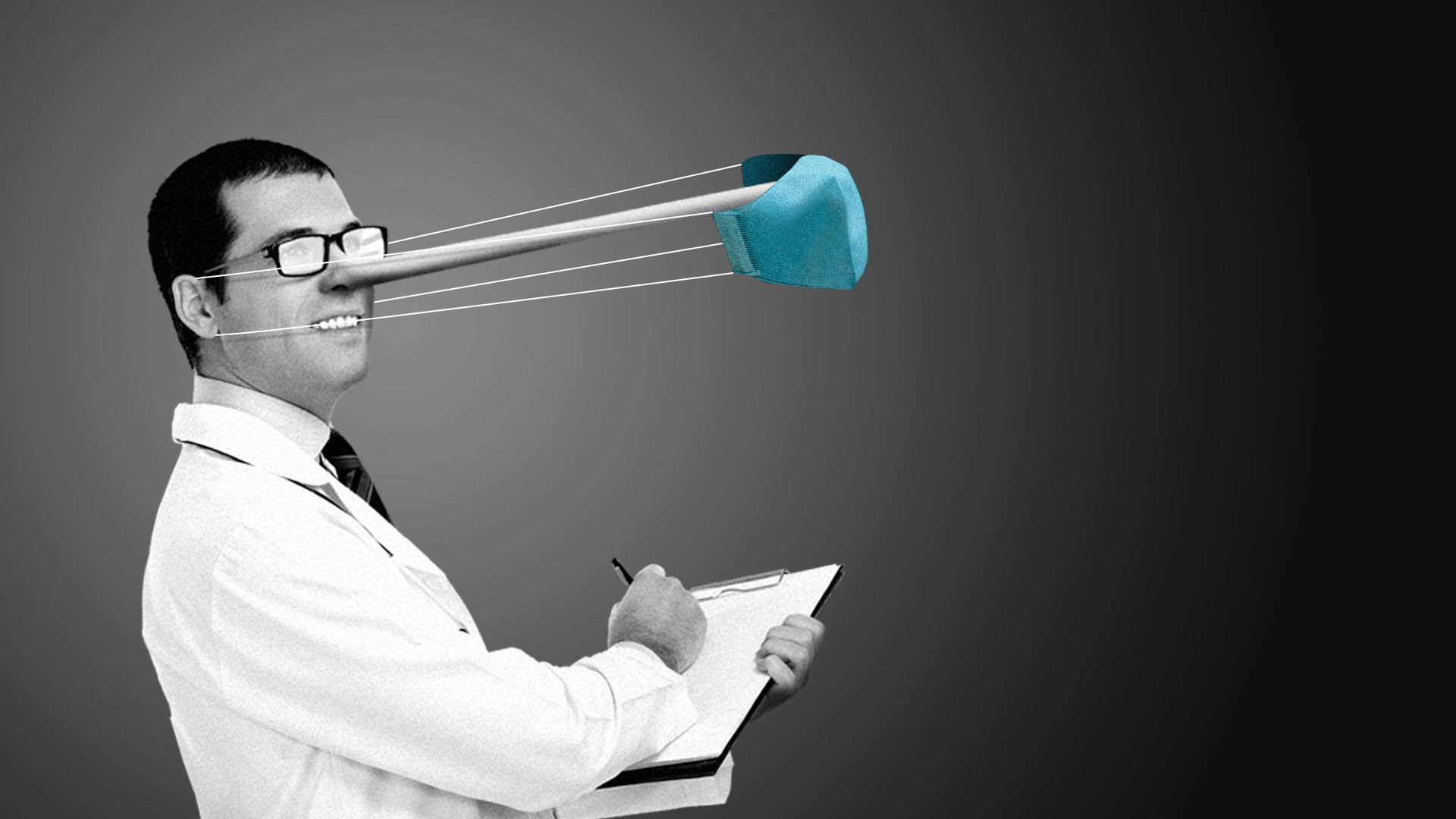 Illustration of a man with a long Pinocchio nose wearing a surgical mask.