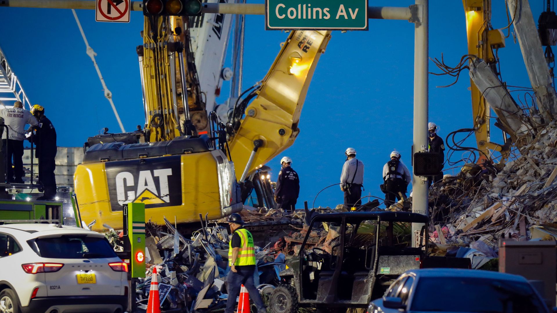 Search and rescue teams continue to work in the rubble at the site of the collapsed Champlain Towers South condo in Surfside, Florida, on July 6