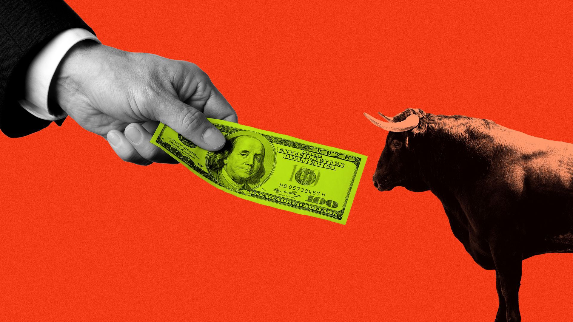 Illustration of a hand with a hundred dollar bill holding out money to a bull