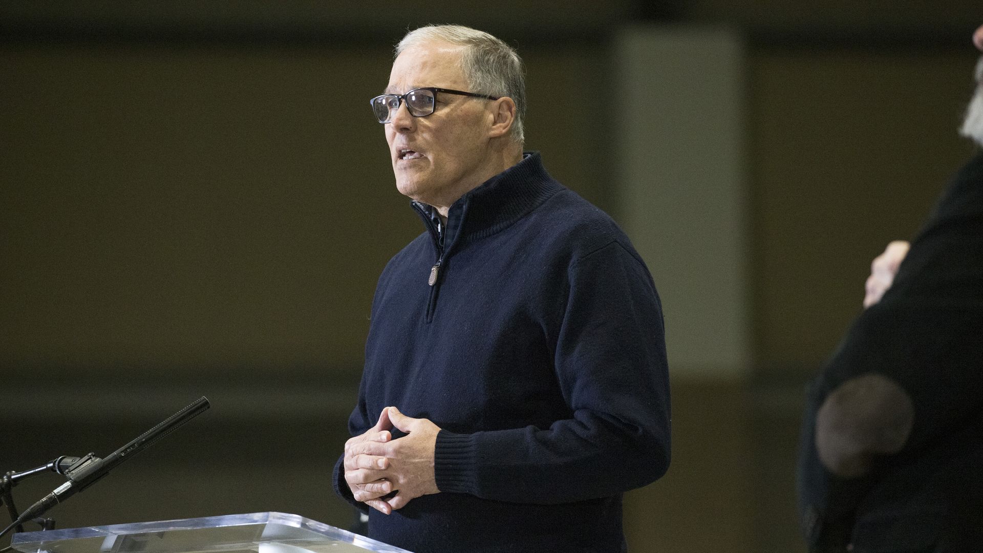 Washington State Governor Jay Inslee and other leaders speak to the press on March 28, 2020 in Seattle, Washington.