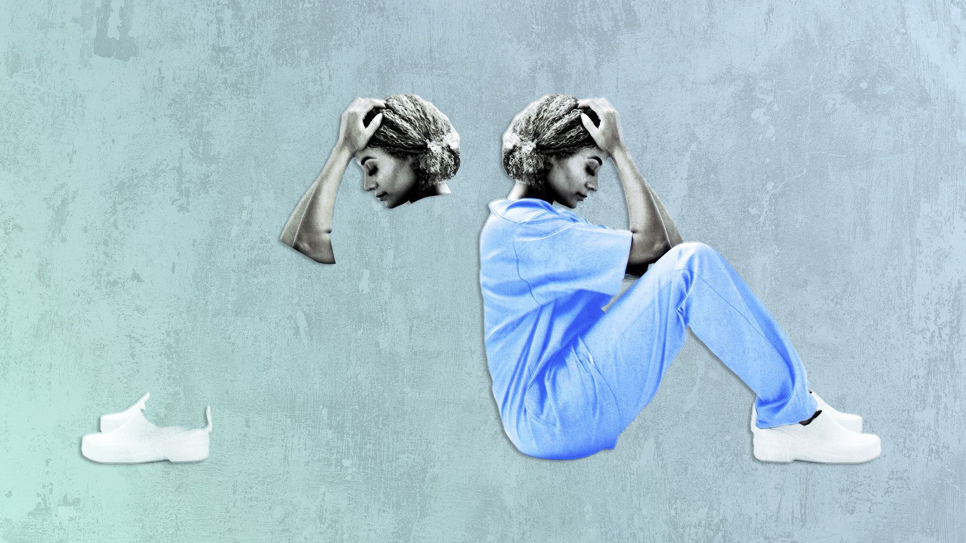 Illustrated collage of two healthcare workers, one with and one without scrubs.
