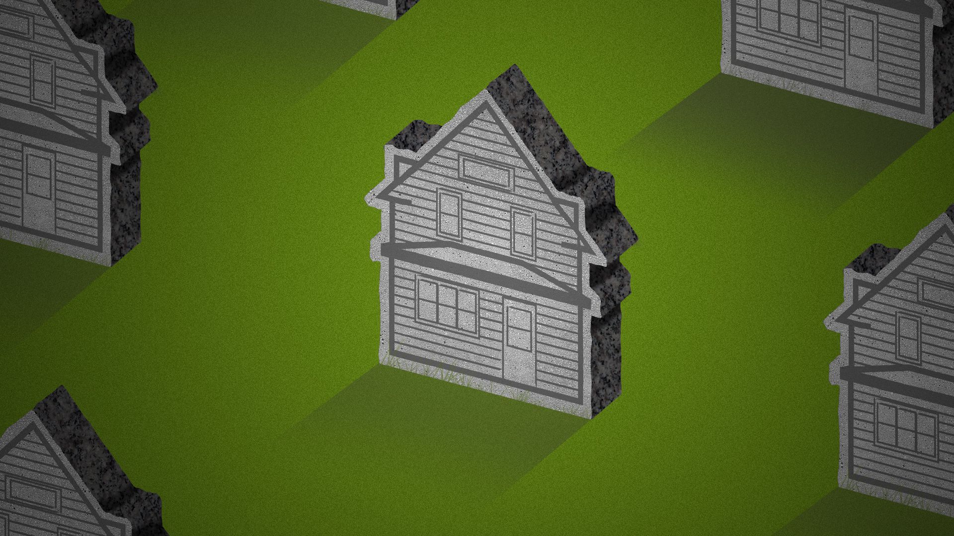 Illustration of a cemetery composed of gravestones shaped like houses.