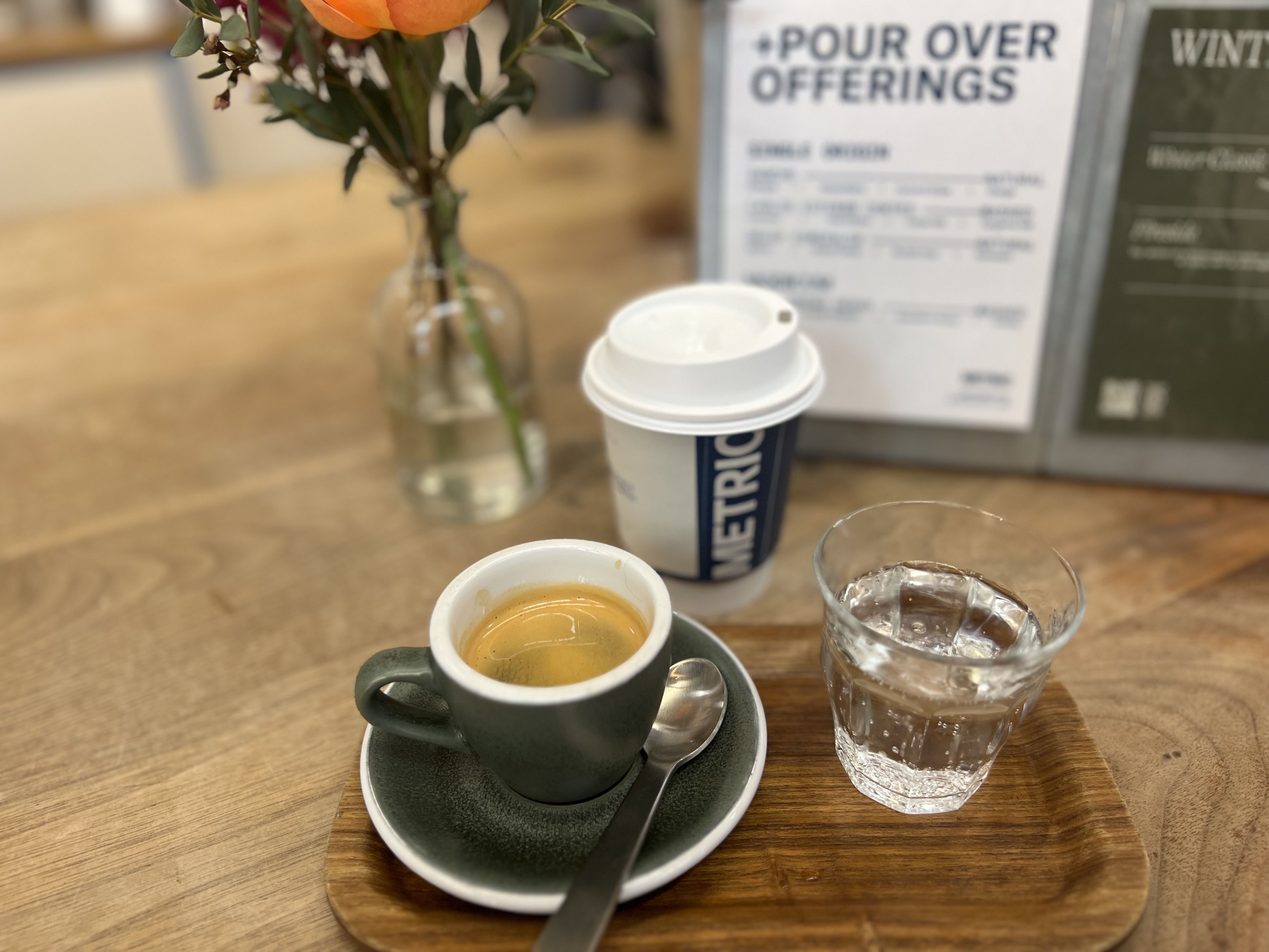 Photo of a coffee cup and a glass of water. 