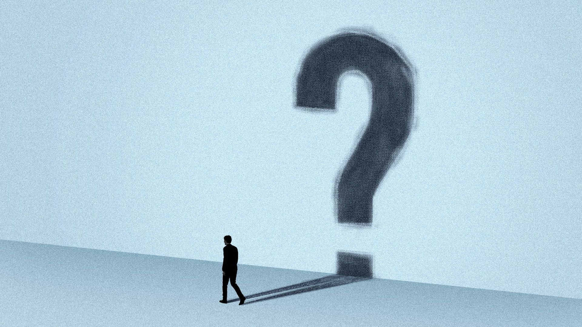 Man walking with big shadow question mark