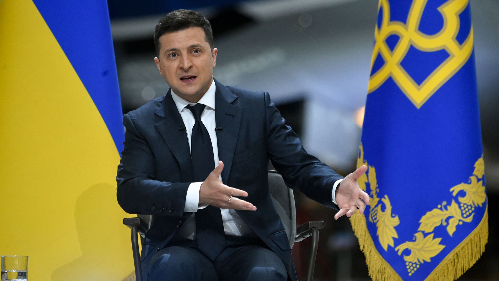 Ukrainian President Volodymyr Zelensky is seen speaking.