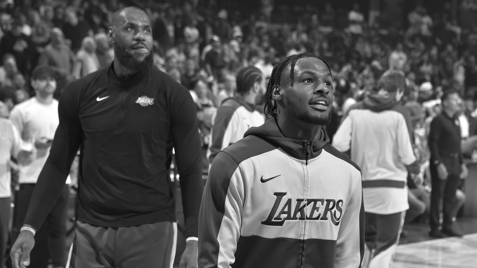 Black and white photo of LeBron James and son Bronny James