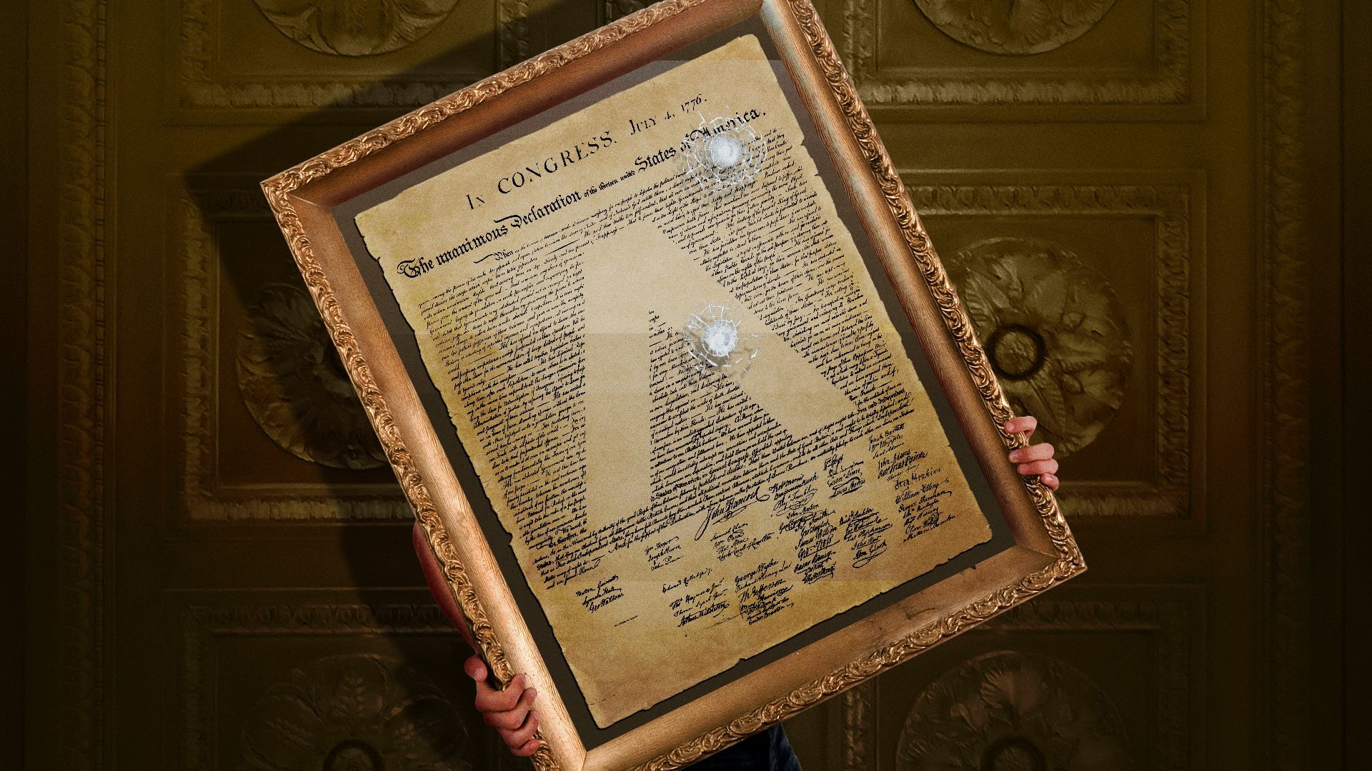 Illustration of the Axios logo being stolen as if it is the Declaration of Independence. 