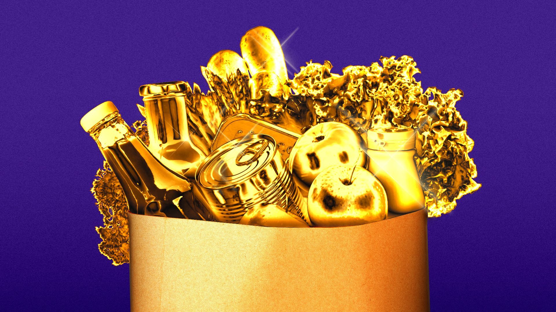 Illustration of a paper bag full of golden groceries.